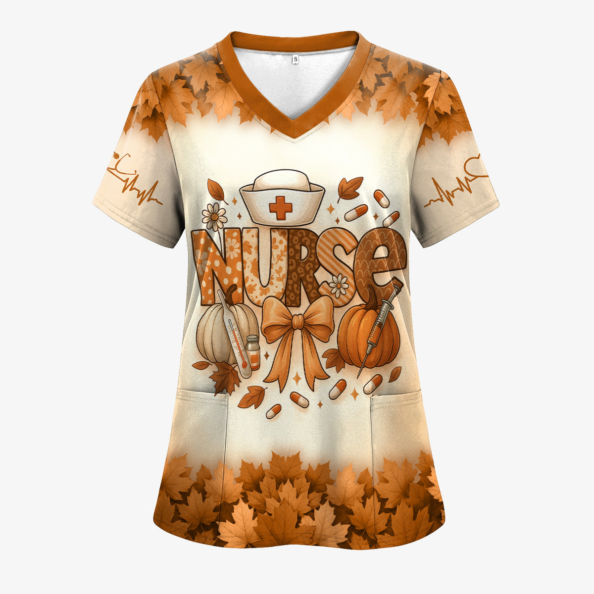 Fall Leaves Nurse Scrub Top with Pumpkins - Personalized Autumn Shirt with Custom Name - Cute Thanksgiving Gift for RN CNA LPN