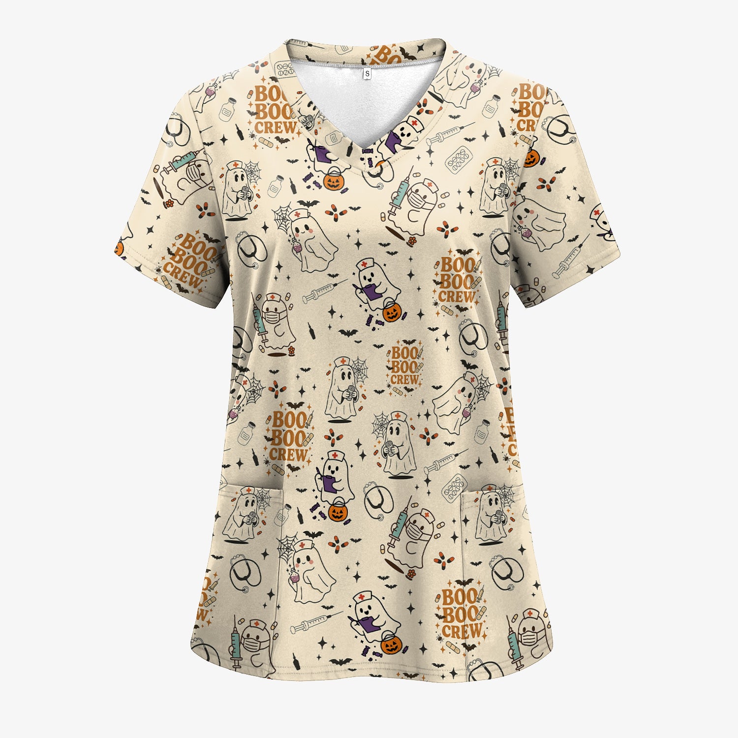 Funny Halloween Scrub Shirt for Nurses - BOO BOO CREW Ghost Design - Cute Fall Medical Top for RN CNA LPN Women