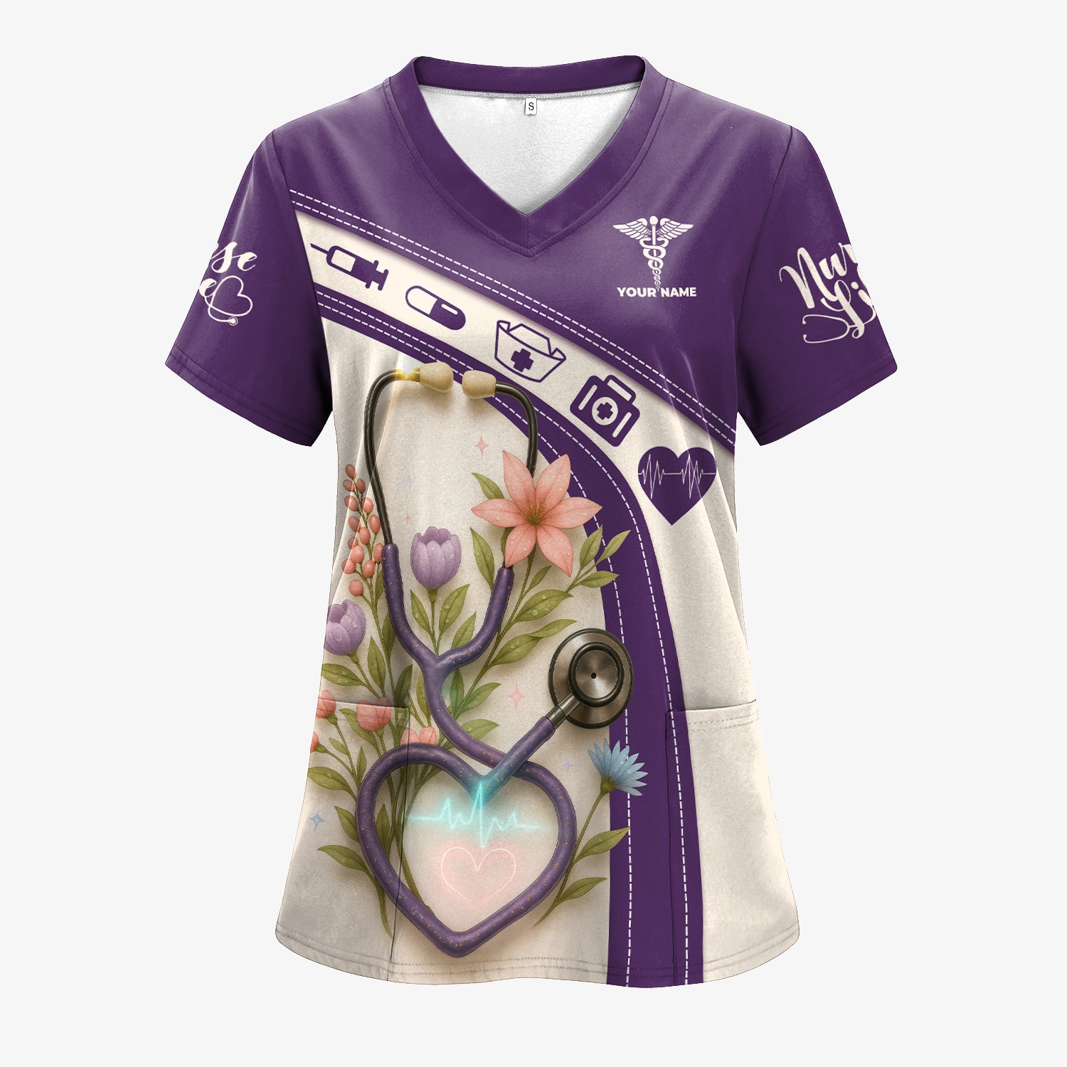 Custom Floral Scrub Top for Nurses - Heartbeat Stethoscope Purple Shirt - Personalized Medical Uniform Gift for RN CNA LPN