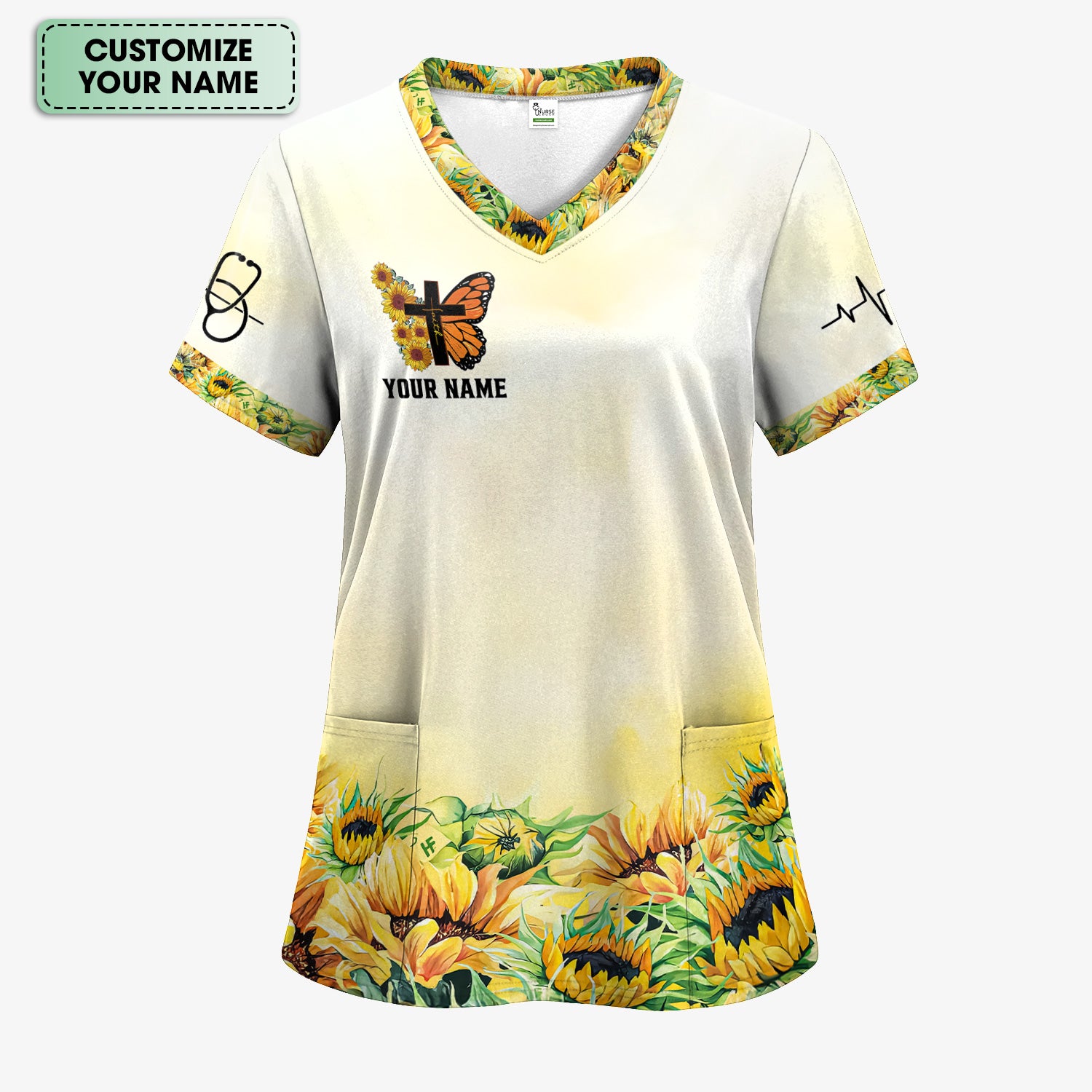 Personalized Christian Nurse Scrub Top - Sunflower Butterfly Cross & Bible Verse - Gift for RN LPN CNA Healthcare Workers