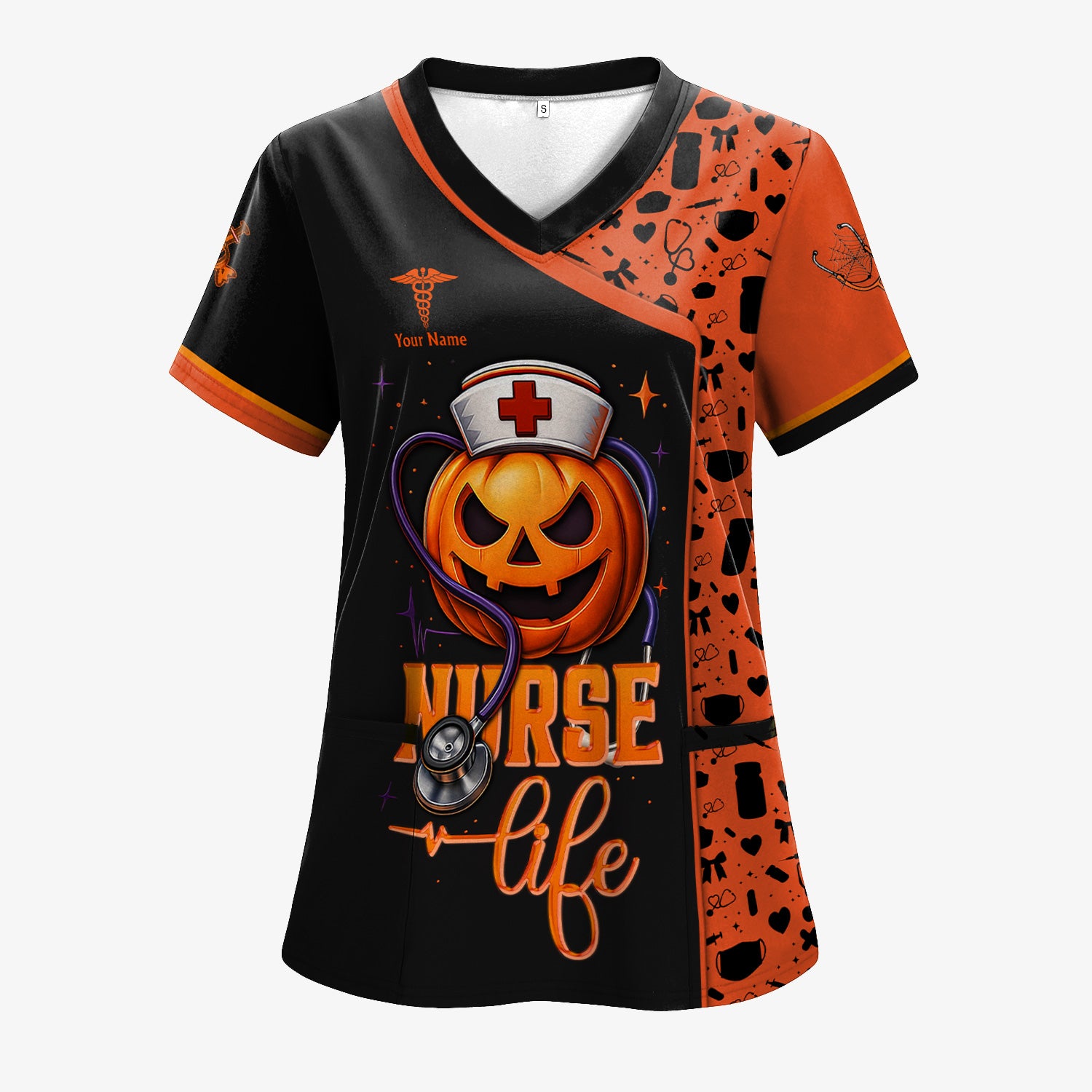 Custom Halloween Nurse Scrub Top with Pain Scale - Personalized Medical Uniform for RN CNA LPN - Gift for Medical Professionals