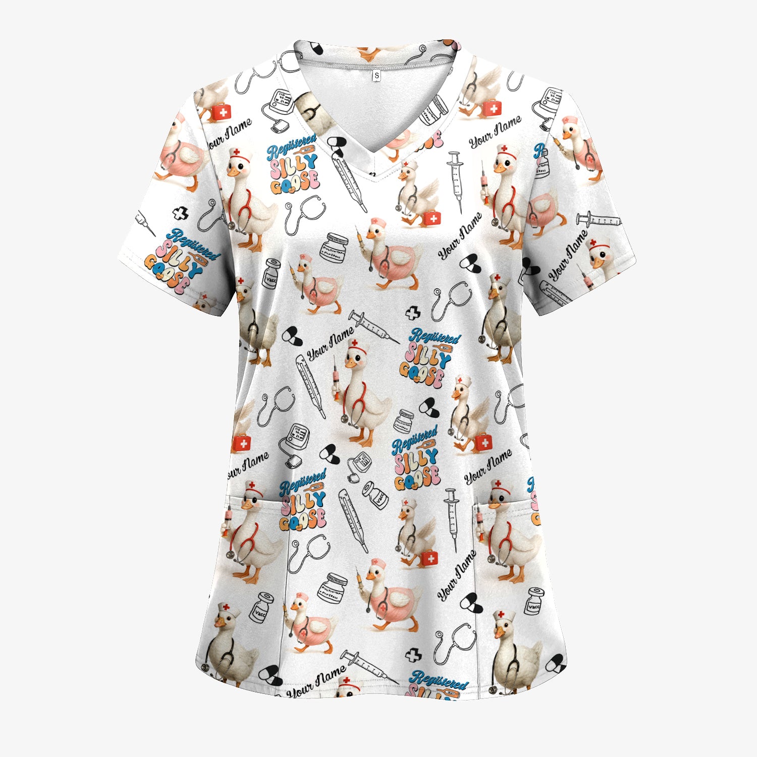 Funny Silly Goose Nurse Scrub Top Personalized Name - Cute Custom Uniform for RN LPN CNA - White V Neck Shirt for Women in Healthcare