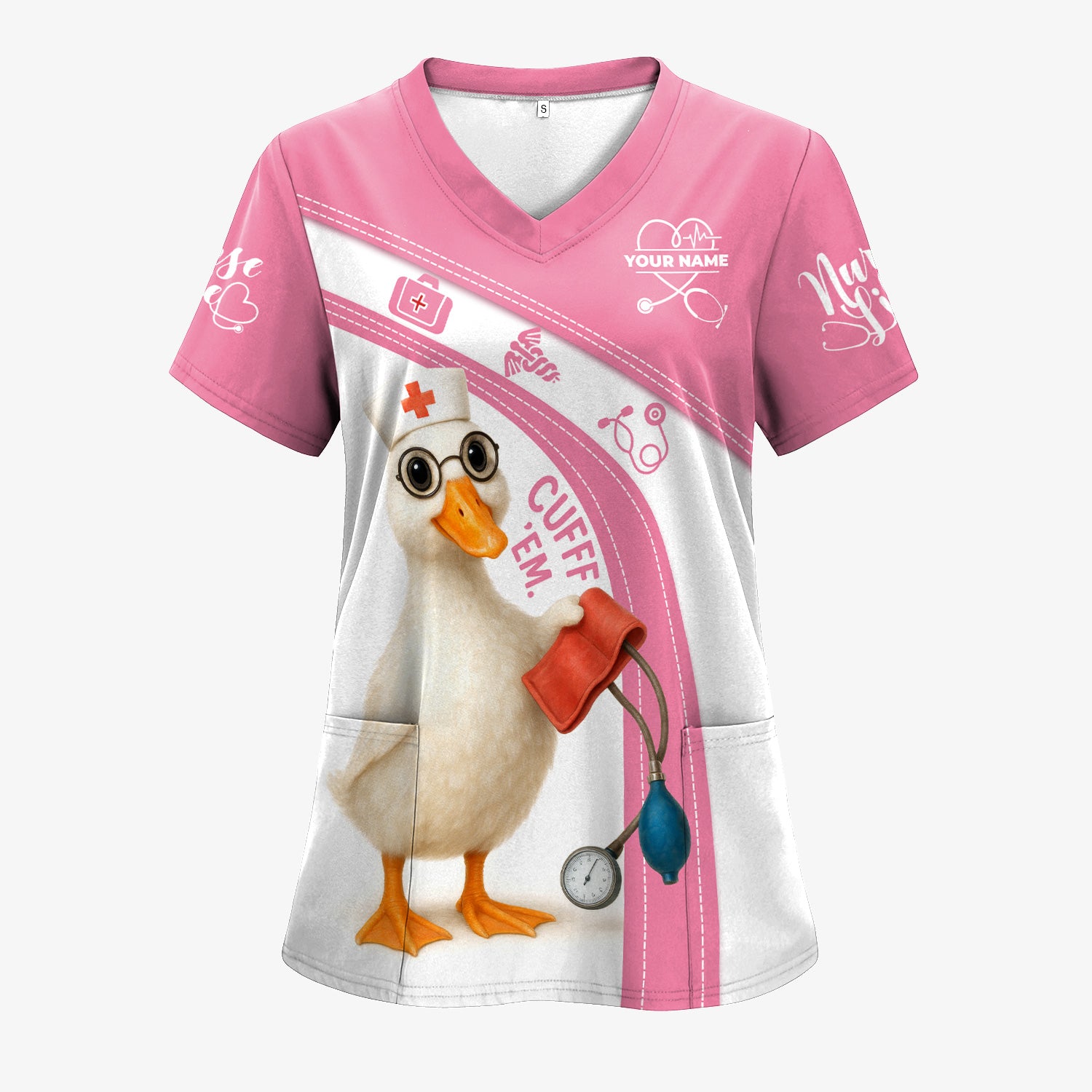 Personalized Nursing Humor Scrub for Women - Funny Duck with Stethoscope and Cuff Design - Custom Name Medical Gift for RN LPN CNA