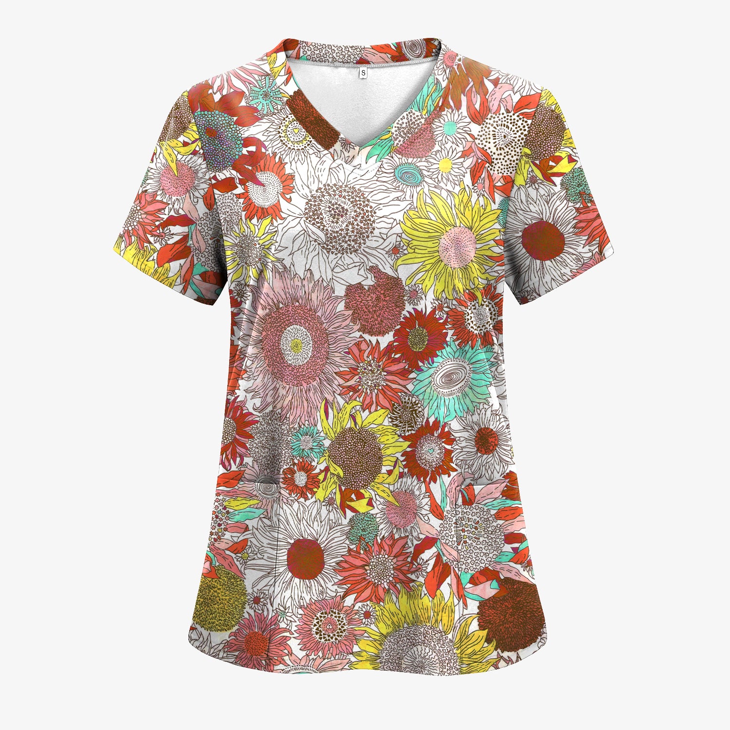 Women’s Floral Medical Scrub Shirt - Bright Sunflower Pattern for RN LPN CNA - Cute Gift for Nurses & Healthcare Professionals