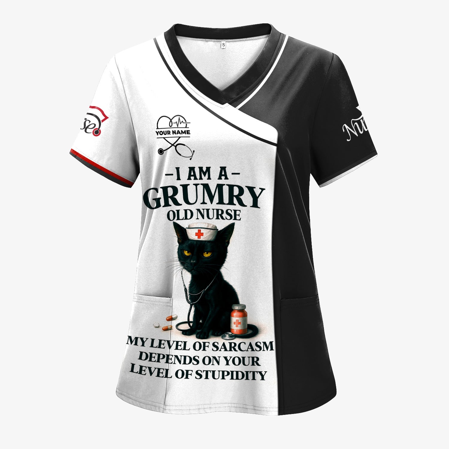 Grumpy Old Nurse Scrub Shirt with Sarcastic Black Cat Design - I Am a Nurse Of Course I'm Grumpy Quote - Gift for RN CNA LPN Healthcare Workers