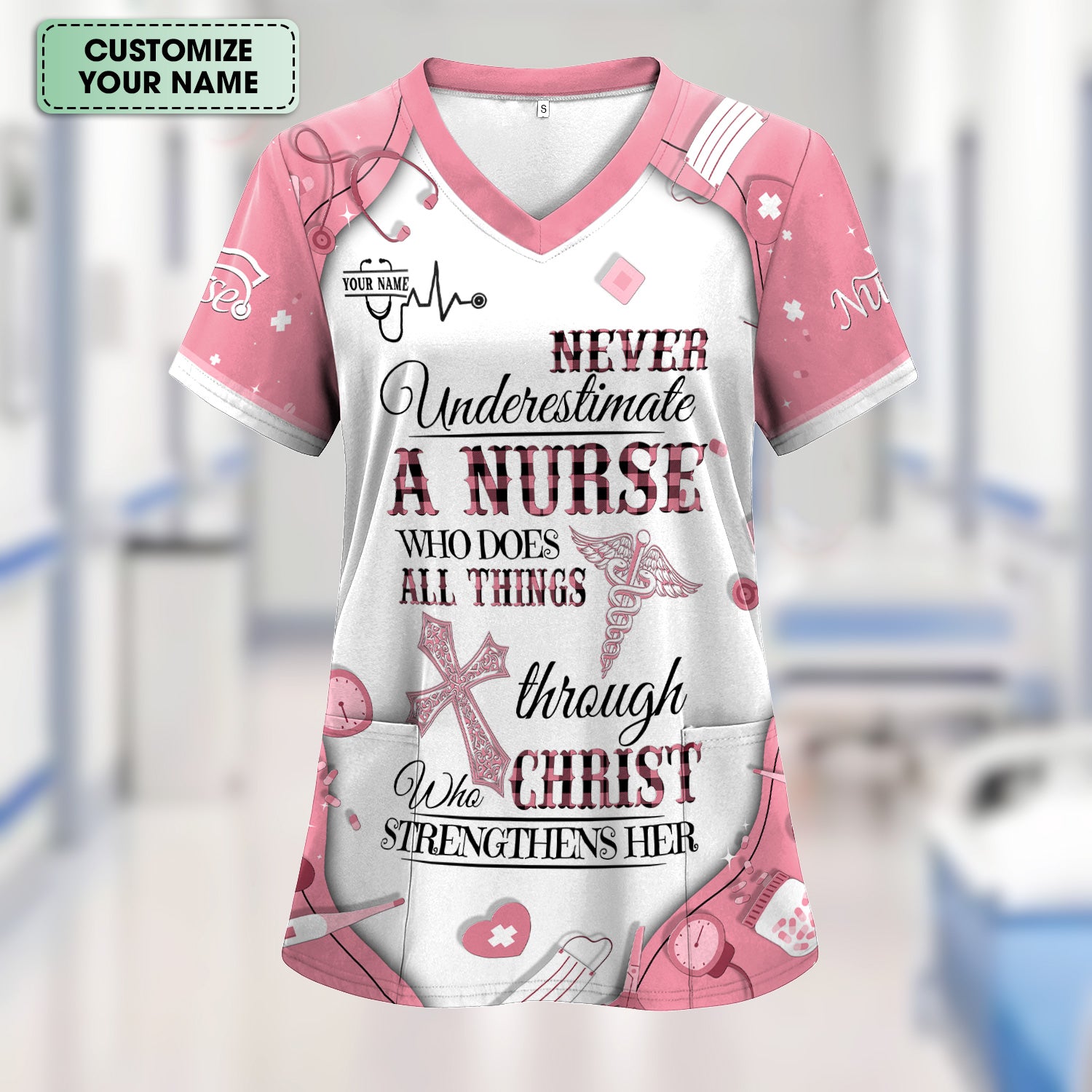Faith-Based Personalized Nursing Scrub for Women - Bible Verse All Things Through Christ - Gift for RN, LPN, CNA Healthcare Professionals