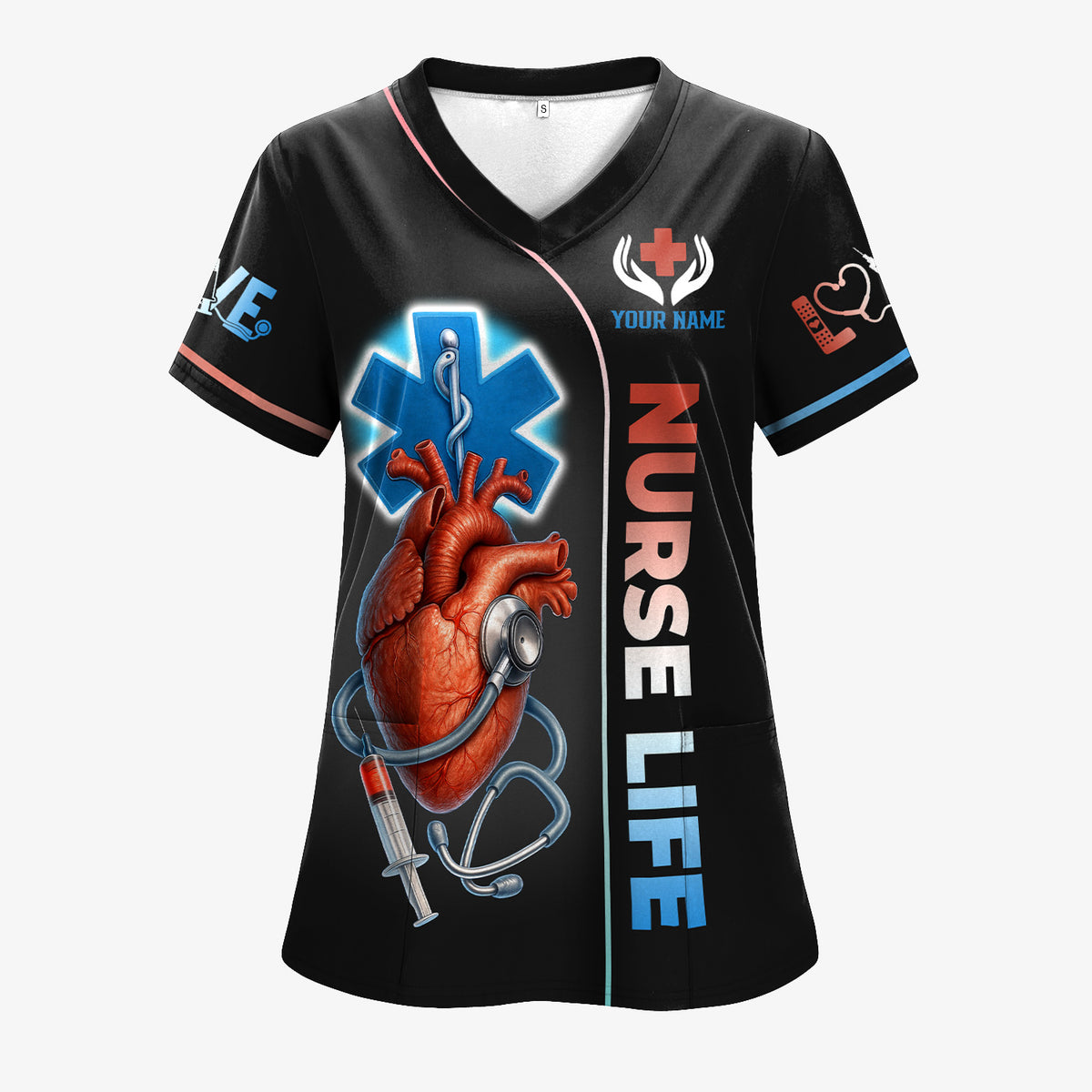 Personalized Nurse Life Scrub Top - Anatomical Heart with Stethoscope Design - Custom Name Medical Uniform for RN, LPN, CNA