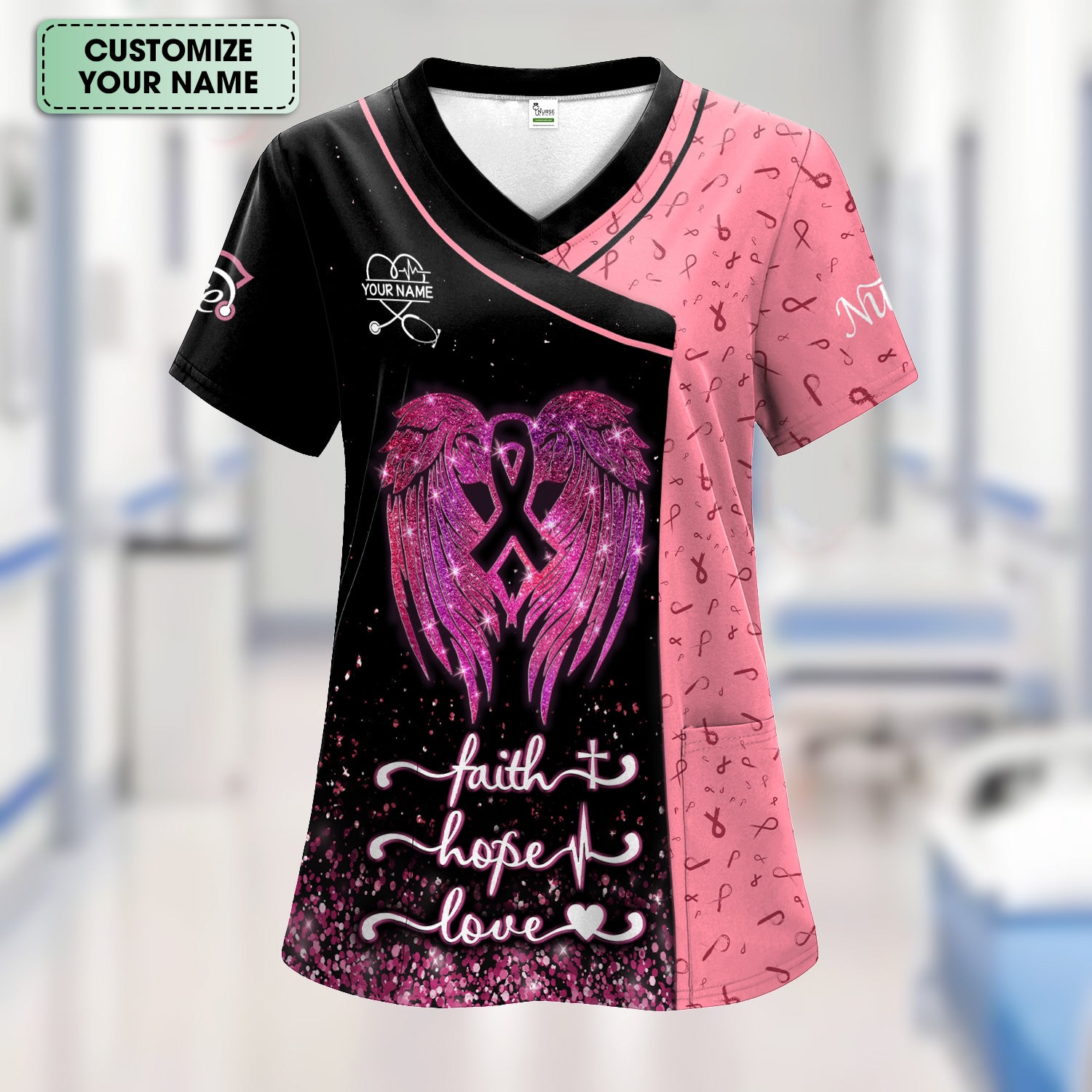 Custom Breast Cancer Warrior Shirt - Pink Glitter Angel Wings & Ribbon Graphic Tee - Gift for Nurse RN LPN CNA