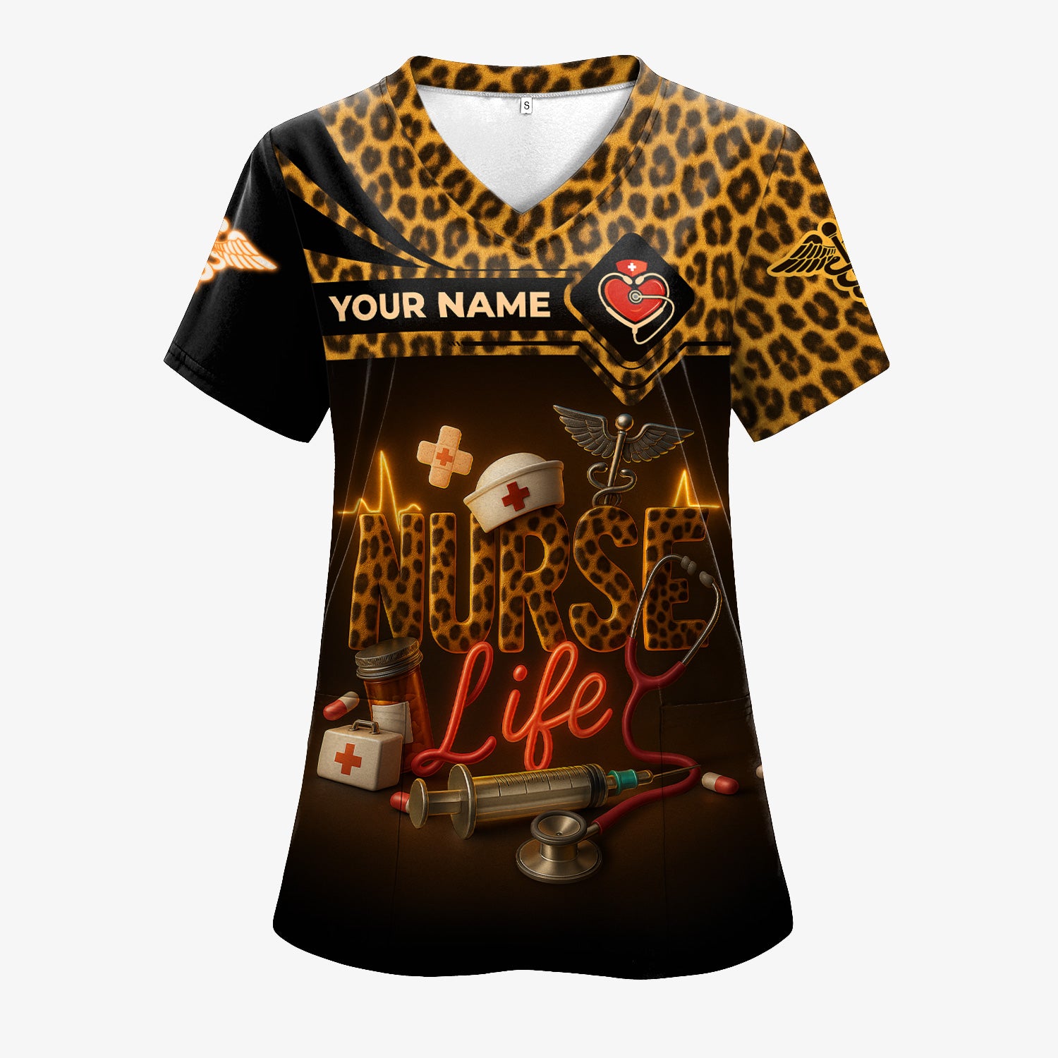 Personalized Nurse Scrub Top for Women - Cheetah Pattern with Stethoscope & Syringe Design - Custom Name Gift for RN, CNA, LPN
