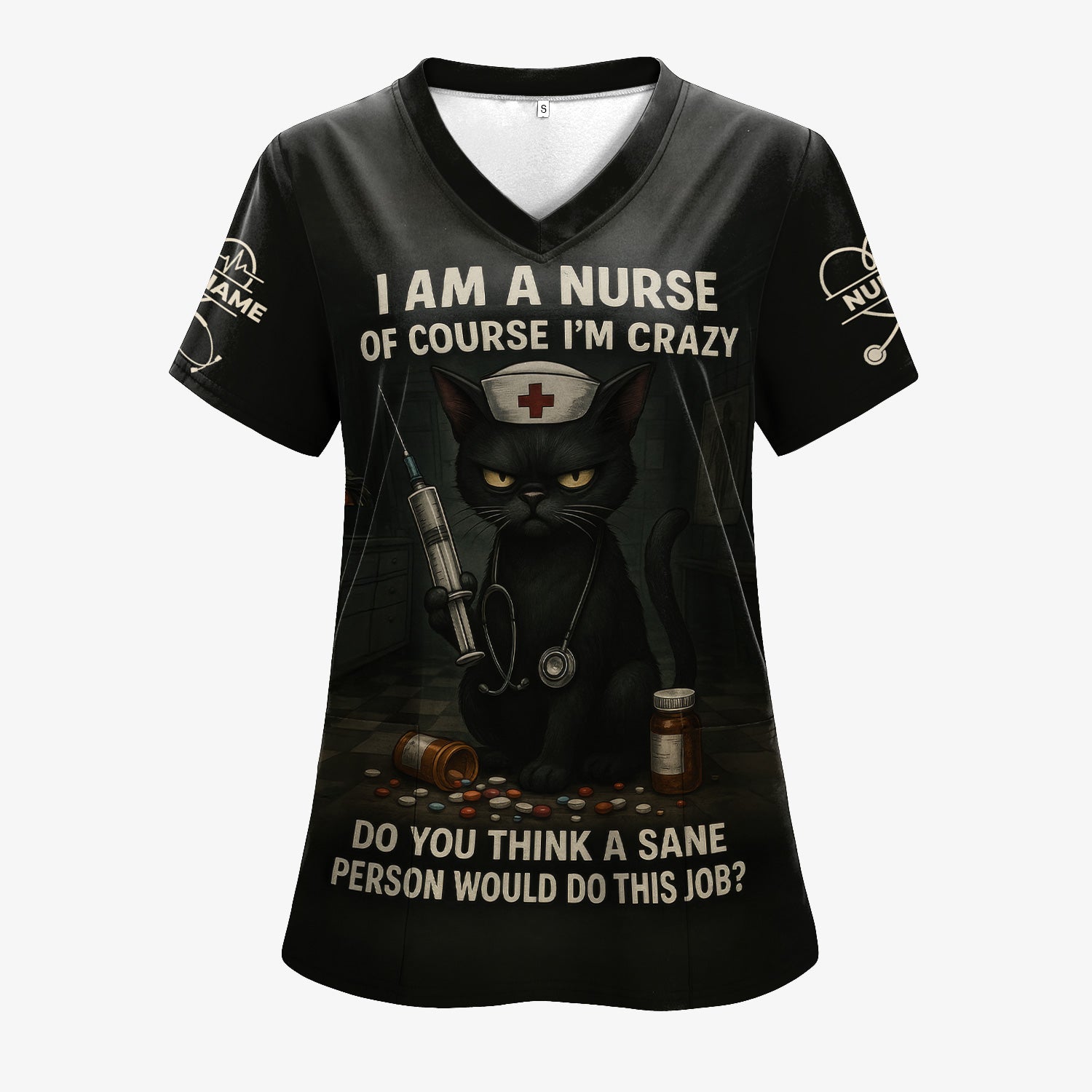 Personalized Crazy Nurse Graphic Shirt - Black Cat with Quote for RN, LPN, CNA - Hilarious Gift for Night Shift Nurses