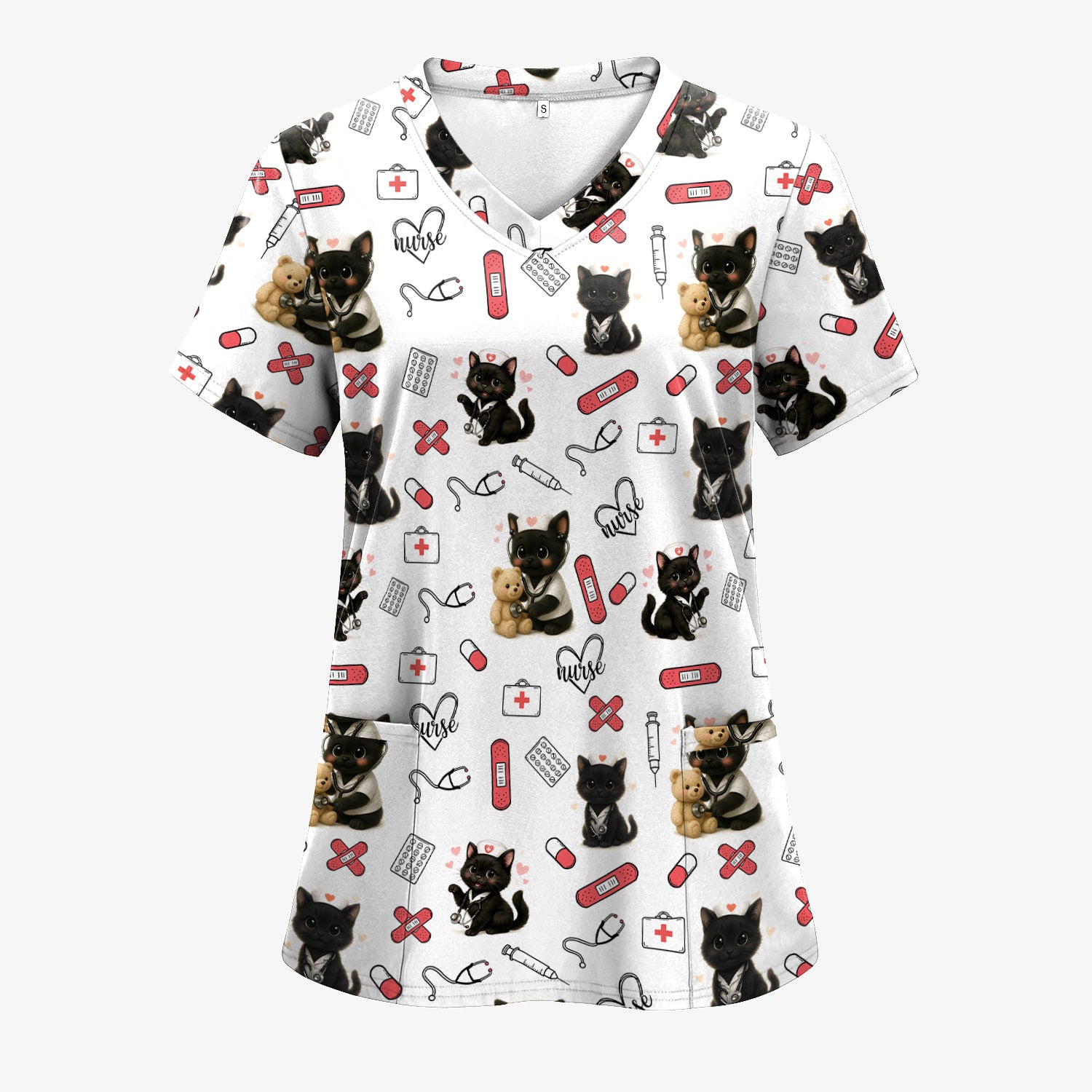 Cute Black Cat Nurse Scrub Top for RN CNA LPN - Funny Kitty Medical Pattern Uniform - Gift for Cat Loving Healthcare Women
