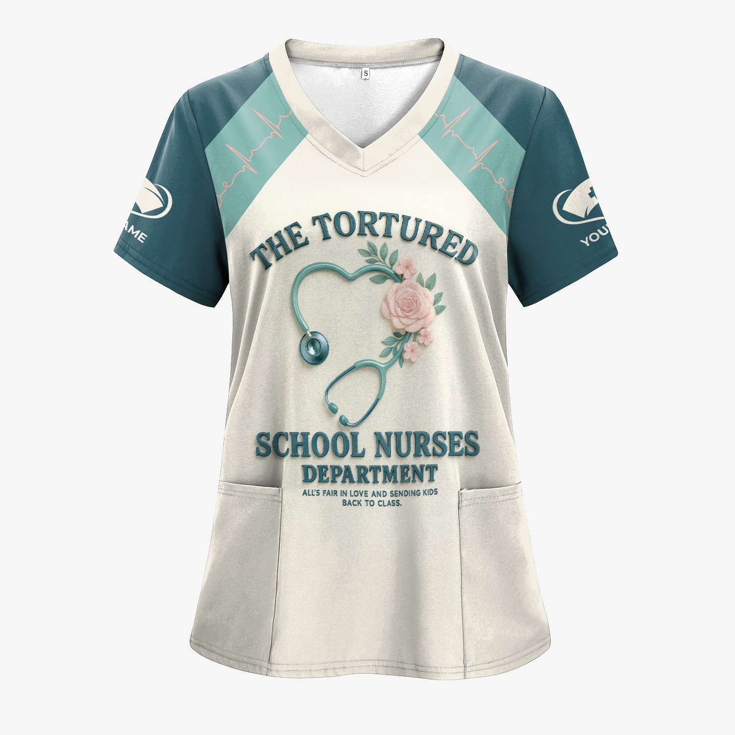 Personalized Funny School Nurse Scrub Top for Women - Heart Stethoscope Floral Design - Custom Name Gift for Teachers, Medical Staff