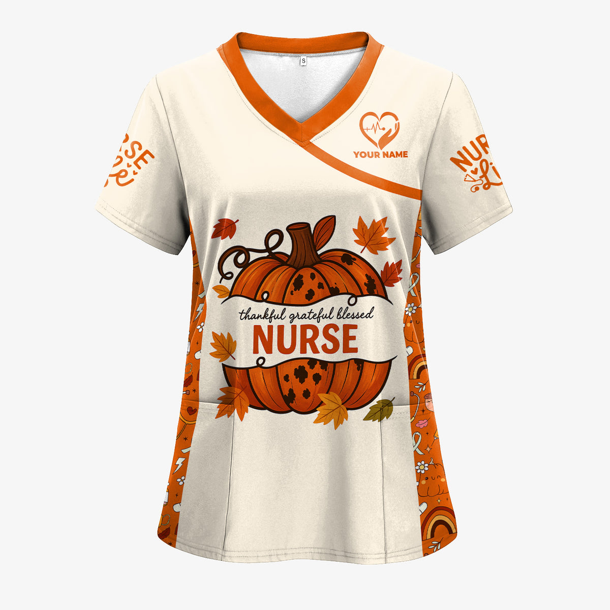 Thankful Grateful Blessed Nurse Scrub Top - Fall Pumpkin Thanksgiving Shirt - Personalized Autumn Gift for Women RN CNA LPN