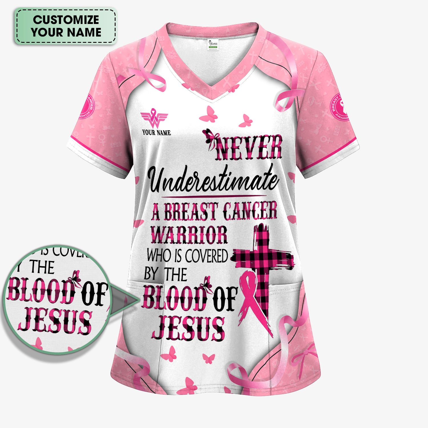 Custom Christian Breast Cancer Awareness Shirt - Blood Of Jesus Quote Graphic Tee - Gift for RN LPN CNA