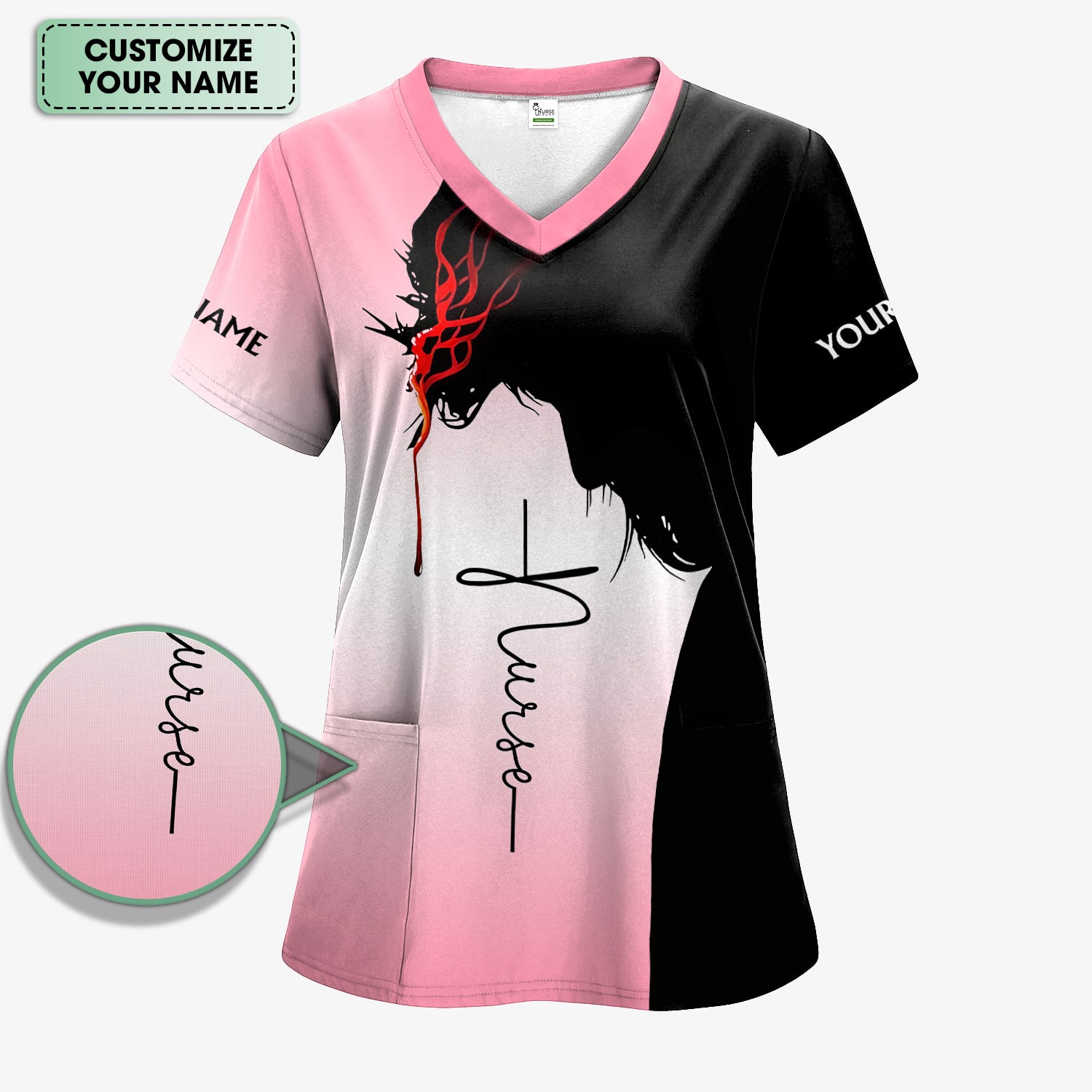 Personalized Christian Nurse Scrub Top - Christian Cross & Jesus Faith Design - Gift for RN LPN CNA