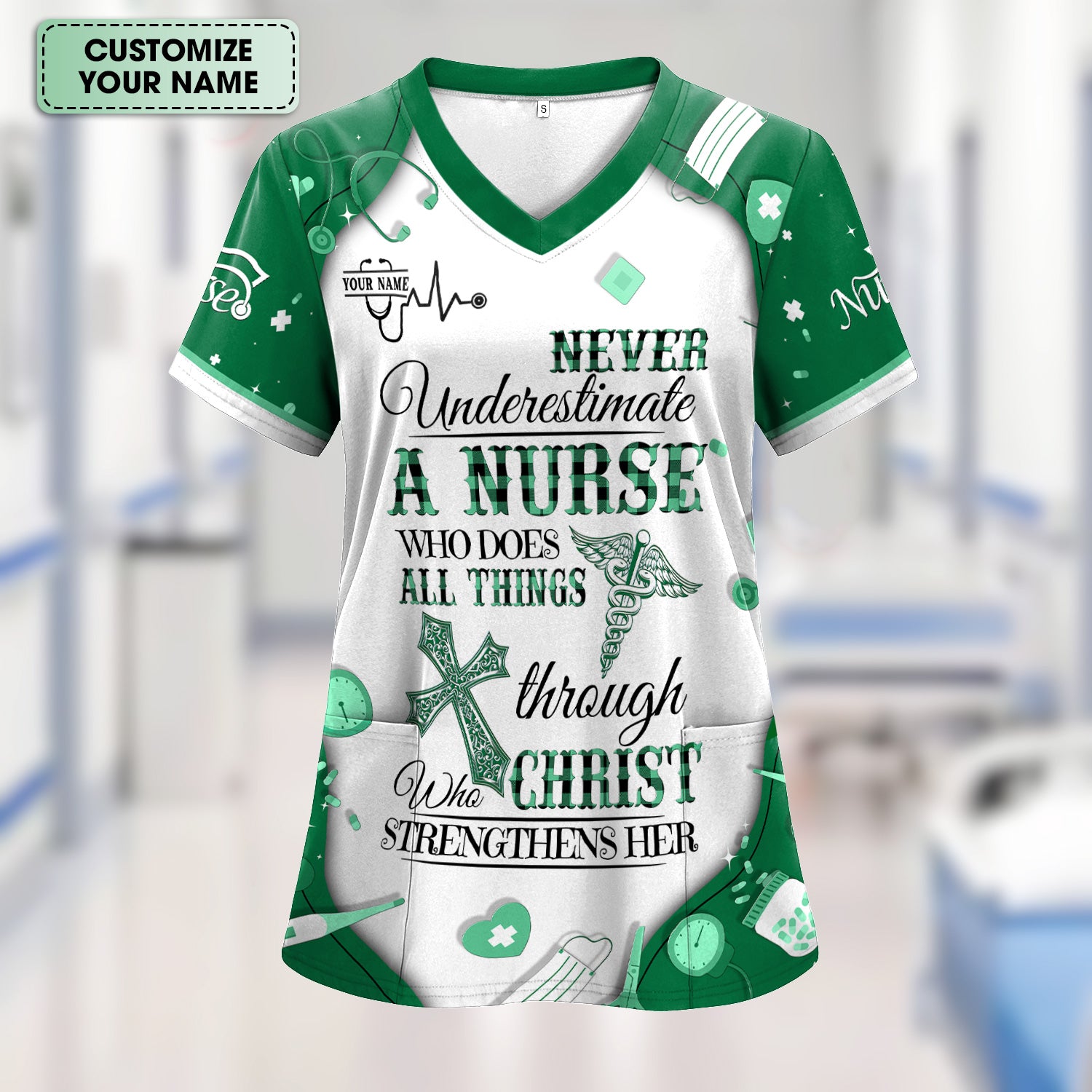 Faith-Based Personalized Nursing Scrub for Women - Bible Verse All Things Through Christ - Gift for RN, LPN, CNA Healthcare Professionals