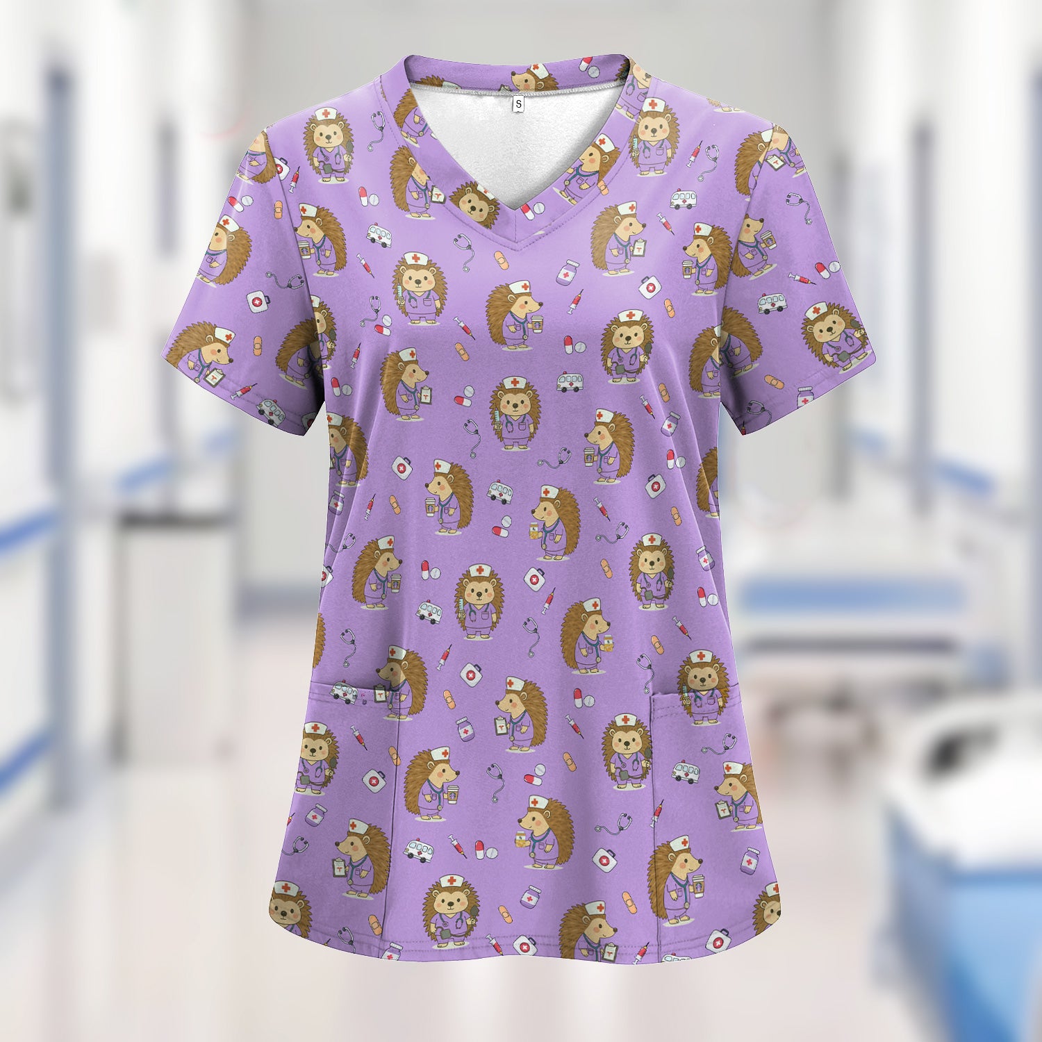 Cute Hedgehog Nurse Scrub Top - Funny Animal & Medical Design - Gift for Women RN LPN Pediatric Nurses