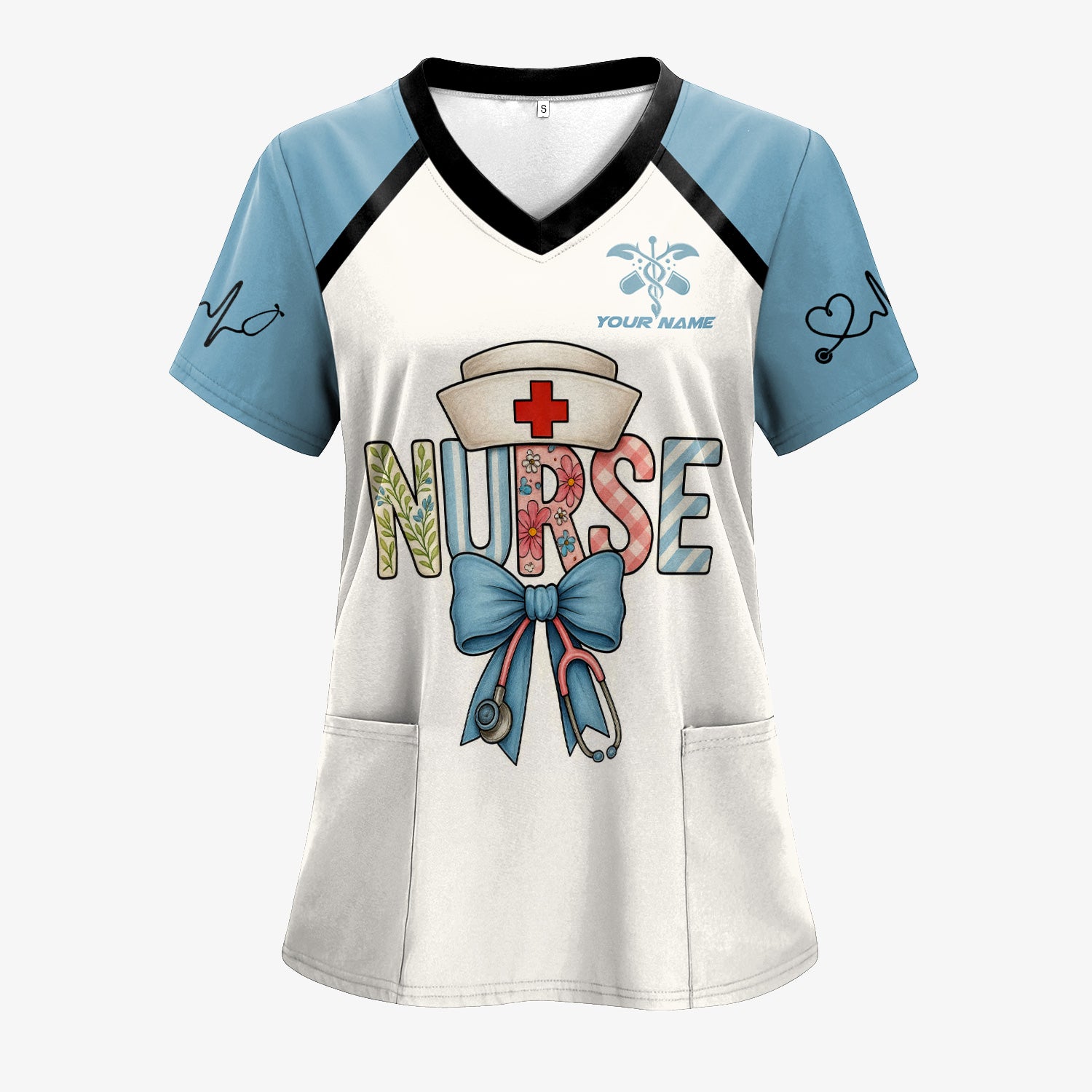 Custom Nurse Scrub Top for Women - Cute Bow Stethoscope Design & Name Personalization - Gift for RN CNA LPN Nursing Appreciation