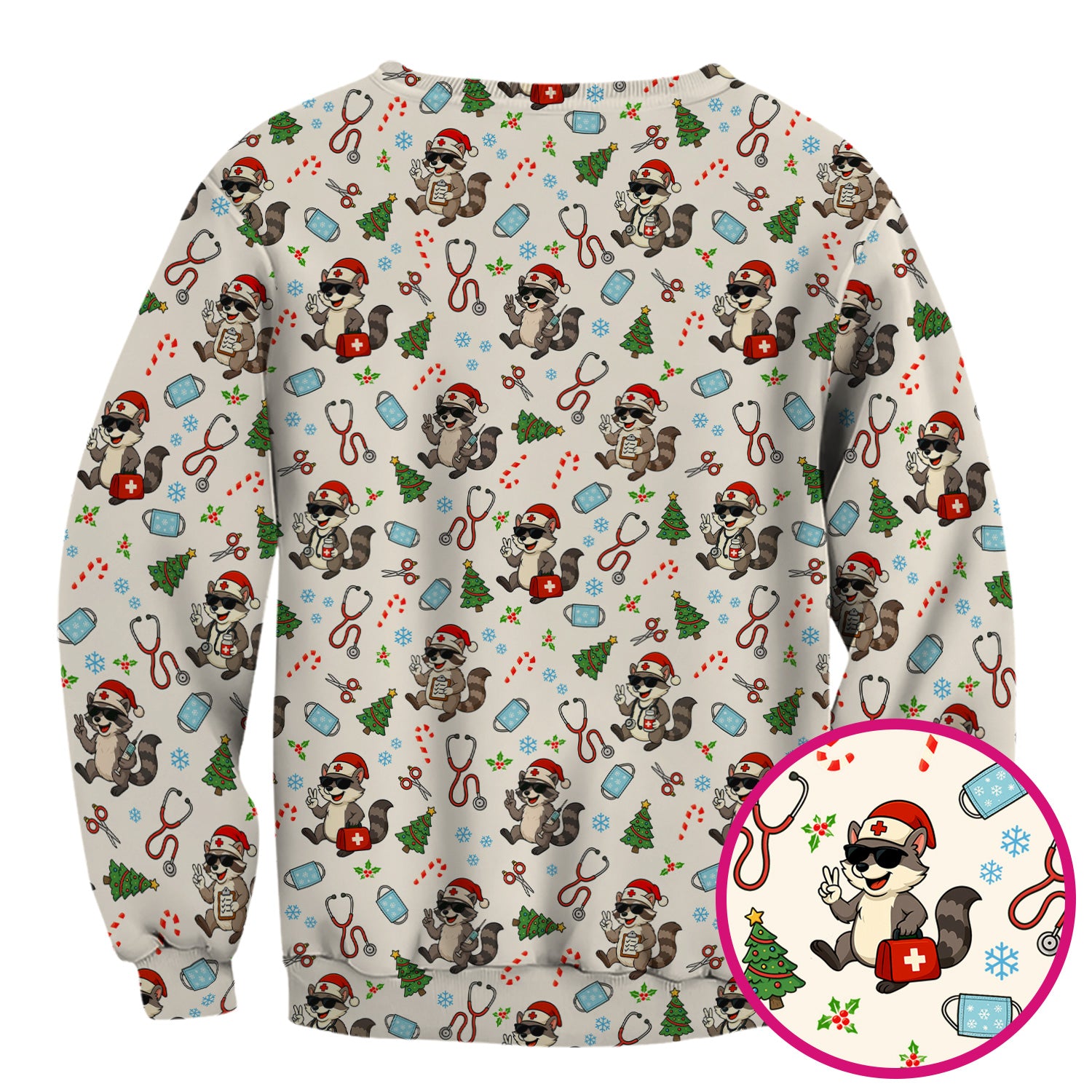 Christmas Scrub Top for Nurses - Funny Raccoon and Medical Tools Pattern - Festive Holiday Nurse Scrubs Shirt Gift for Women RN LPN CNA