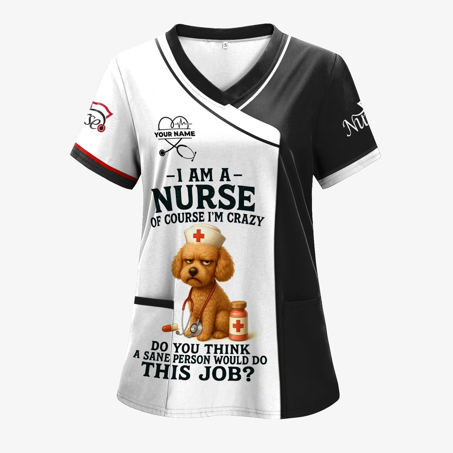 Personalized Nurse Scrub Top for Women RN LPN CNA - Custom Name Funny Grumpy Dog Saying Crazy Nurse Life Quote - Appreciation Gift for Healthcare Workers