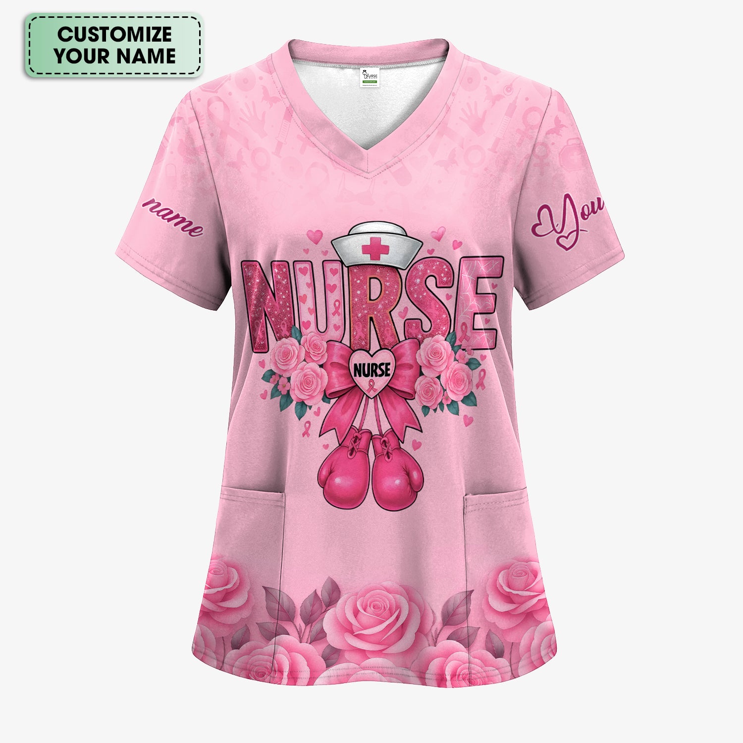 Personalized Breast Cancer Fighter Shirt - Pink Boxing Gloves & Rose Floral Design - Gift for RN LPN CNA