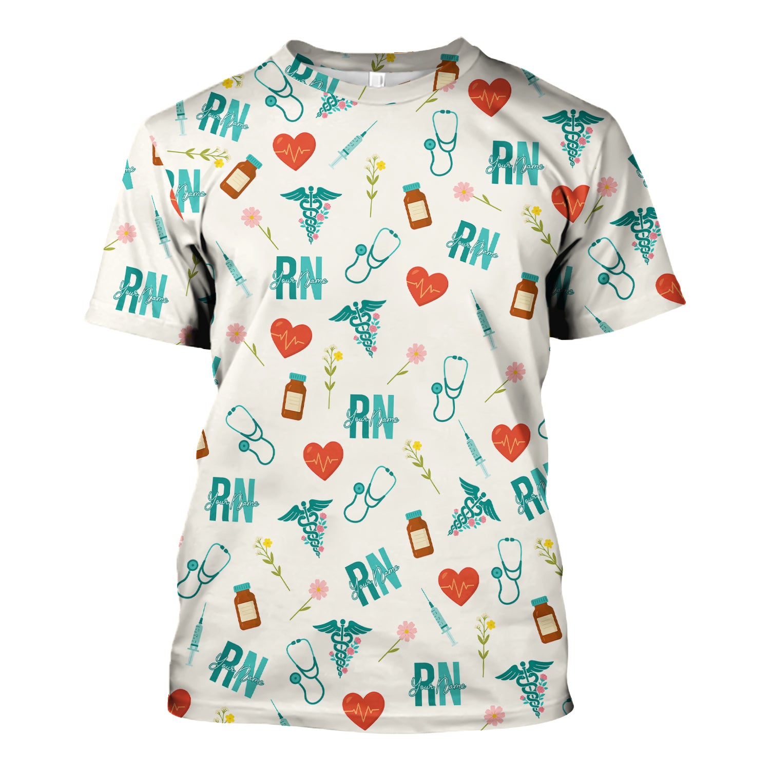 Personalized RN T-Shirt for Women - Graphic Tee with Cute Medical Pattern - Gift for CNA, LPN, Medical Worker