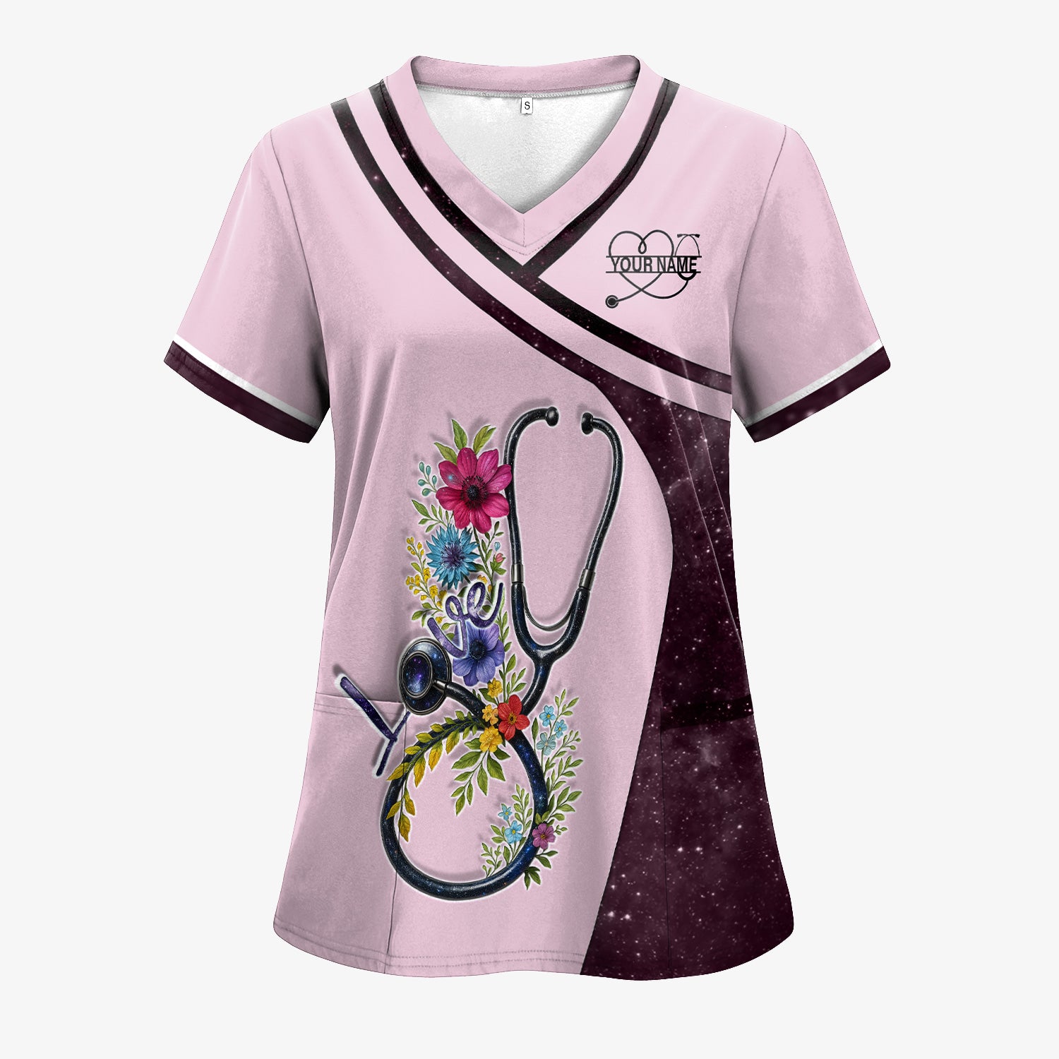 Custom Nurse Love T-Shirt - Floral Stethoscope & Galaxy Design - Personalized Gift for RN LPN CNA Healthcare Professionals