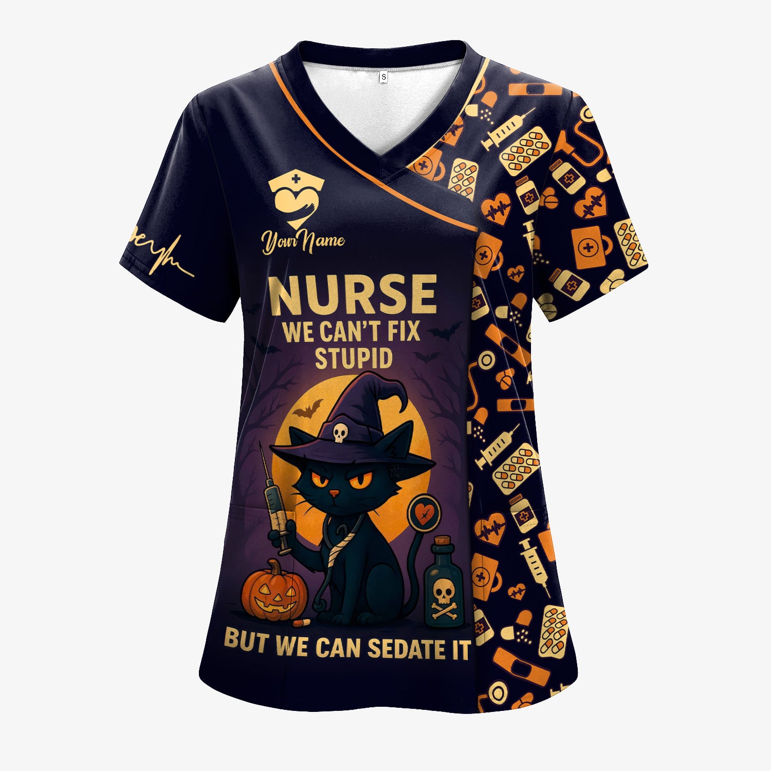 Personalized Halloween Nurse Scrub Top - We Can’t Fix Stupid Black Cat Quote - Gift for RN CNA LPN