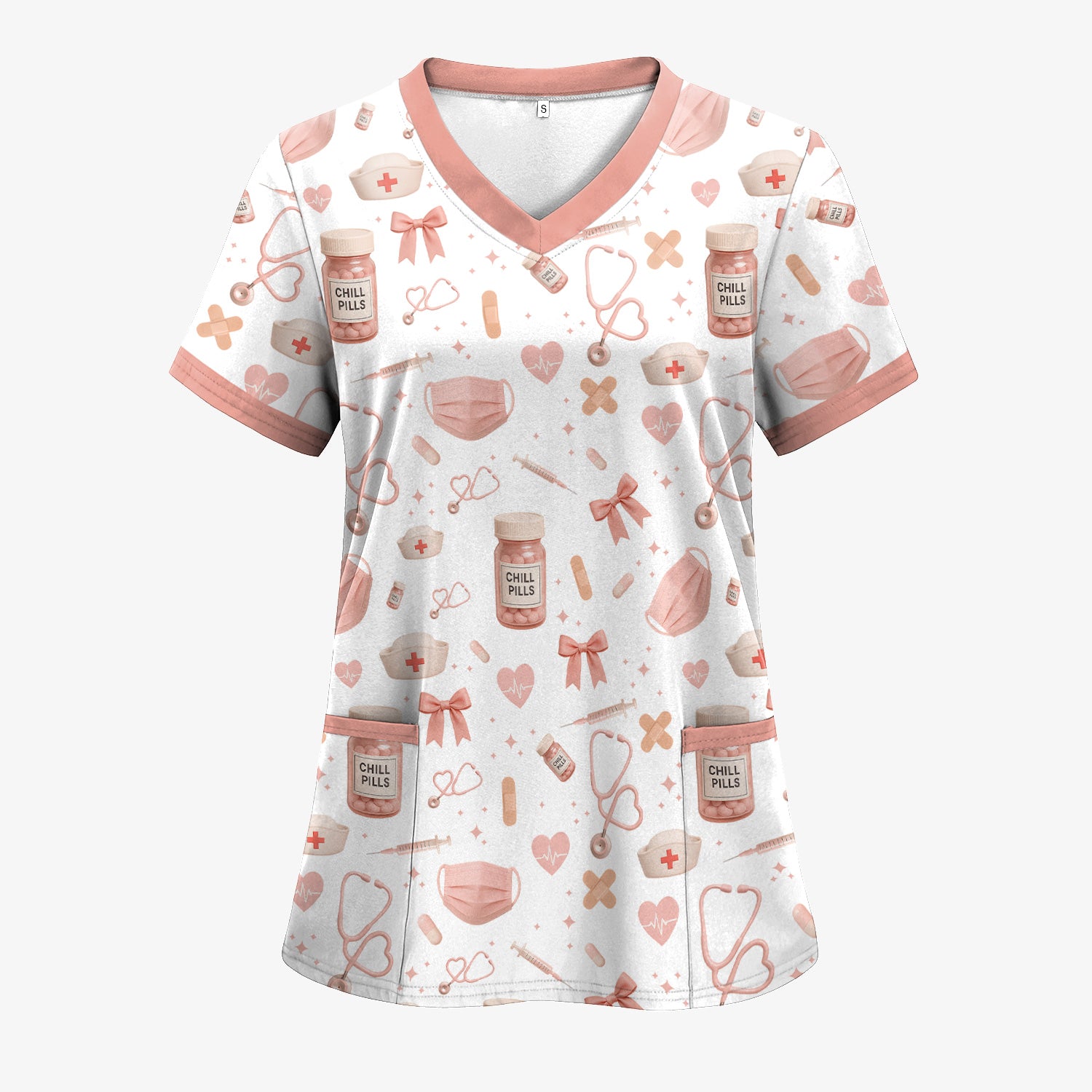 Personalized Cute Nurse Scrub Top - Pink Chill Pills & Medical Icons Pattern - Fun Aesthetic Gift for RN CNA LPN Healthcare Workers