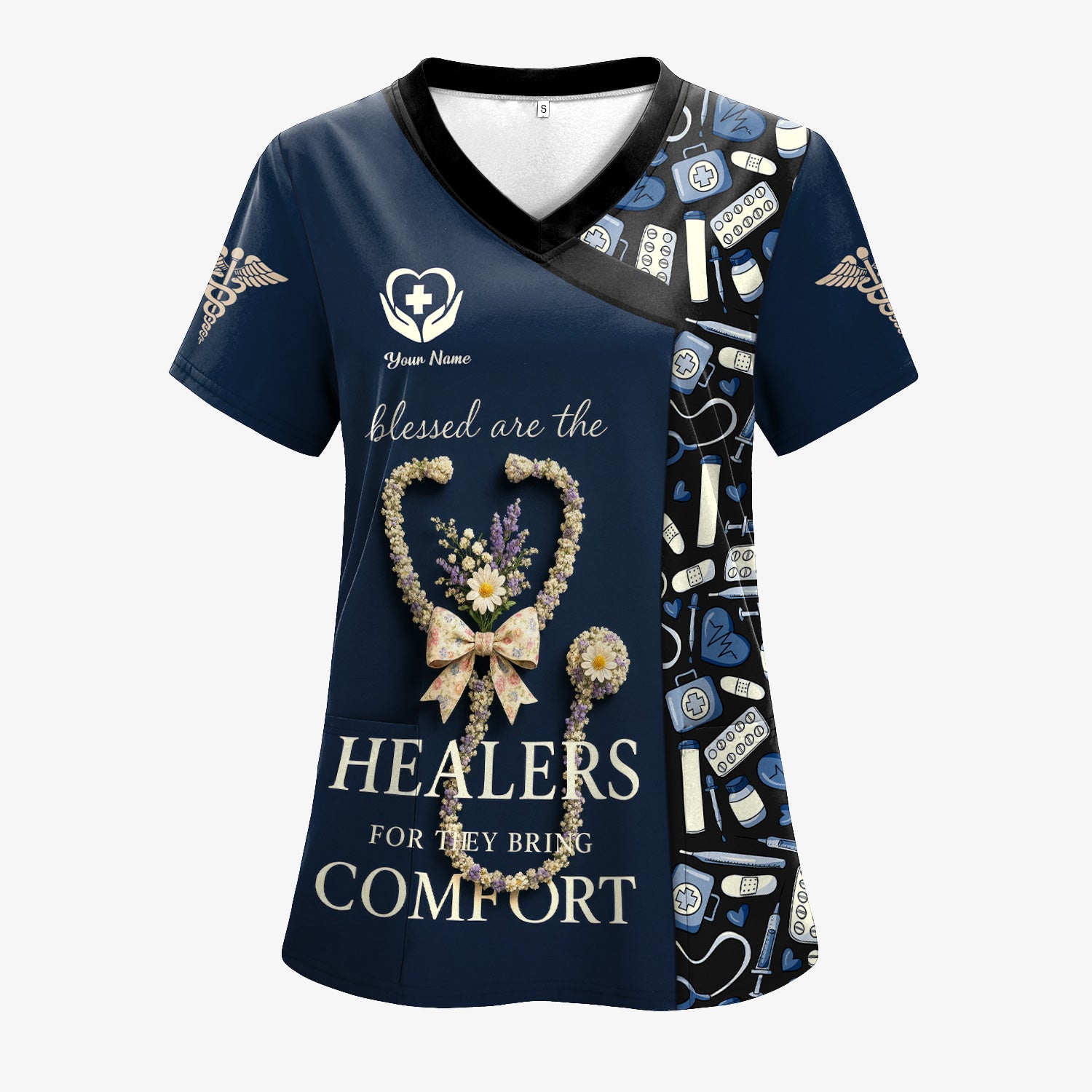 Personalized Blessed Healer Scrubs for Women RN CNA LPN - Floral Heart Stethoscope Design with Inspirational Quote - Custom Name Gift for Healthcare Workers & Nurses