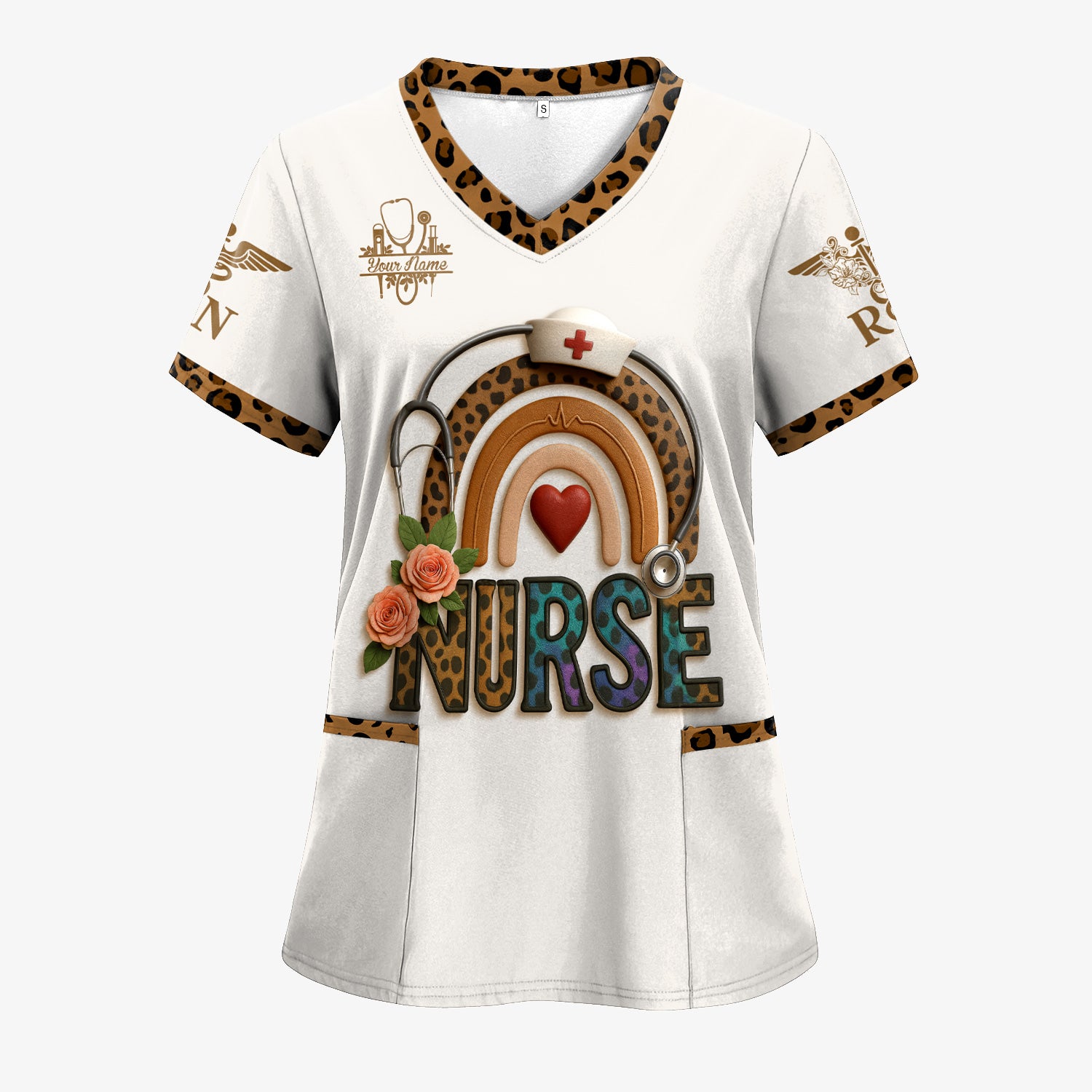 Funny Nurse Scrubs for Women - Leopard RN CNA LPN Uniform Top - Nursing Requirements Design with Custom Name