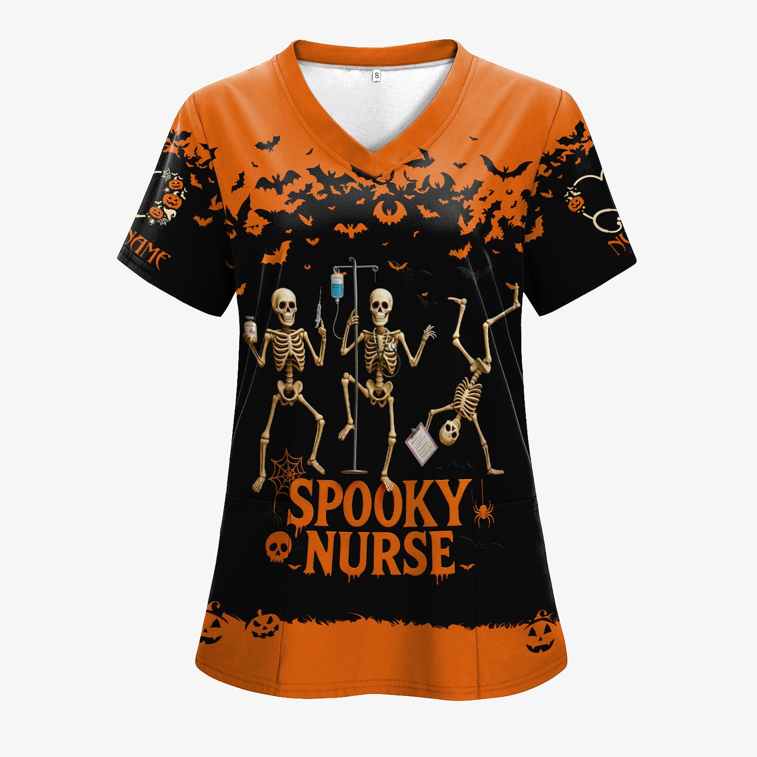 Spooky Nurse Halloween Shirt - Funny Skeleton Medical Scrub Top for RN CNA - Custom Name All Over Print Gift for Nurses