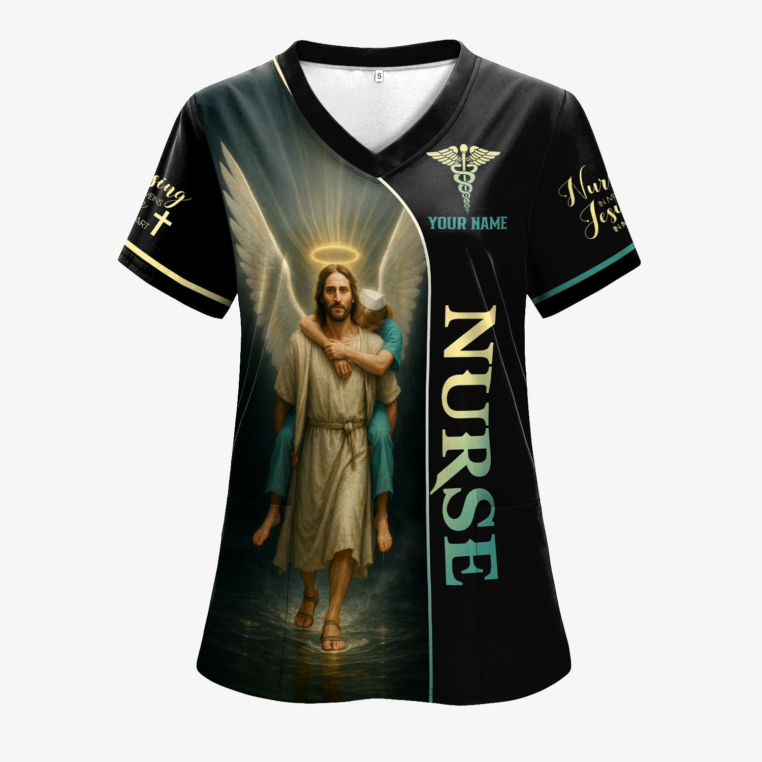 Custom Christian Nurse Scrub Top - Personalized Jesus Carrying Nurse Design - Gift for RN LPN Healthcare Workers