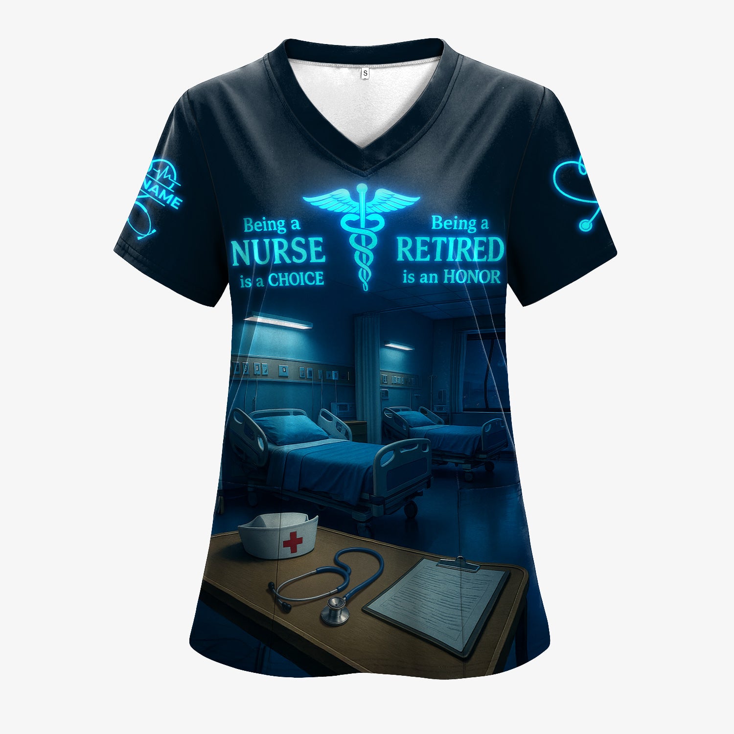 Personalized Nurse Scrub for Retired RN LPN CNA - Neon Glow Hospital Room Design - Thoughtful Retirement Gift for Medical Staff