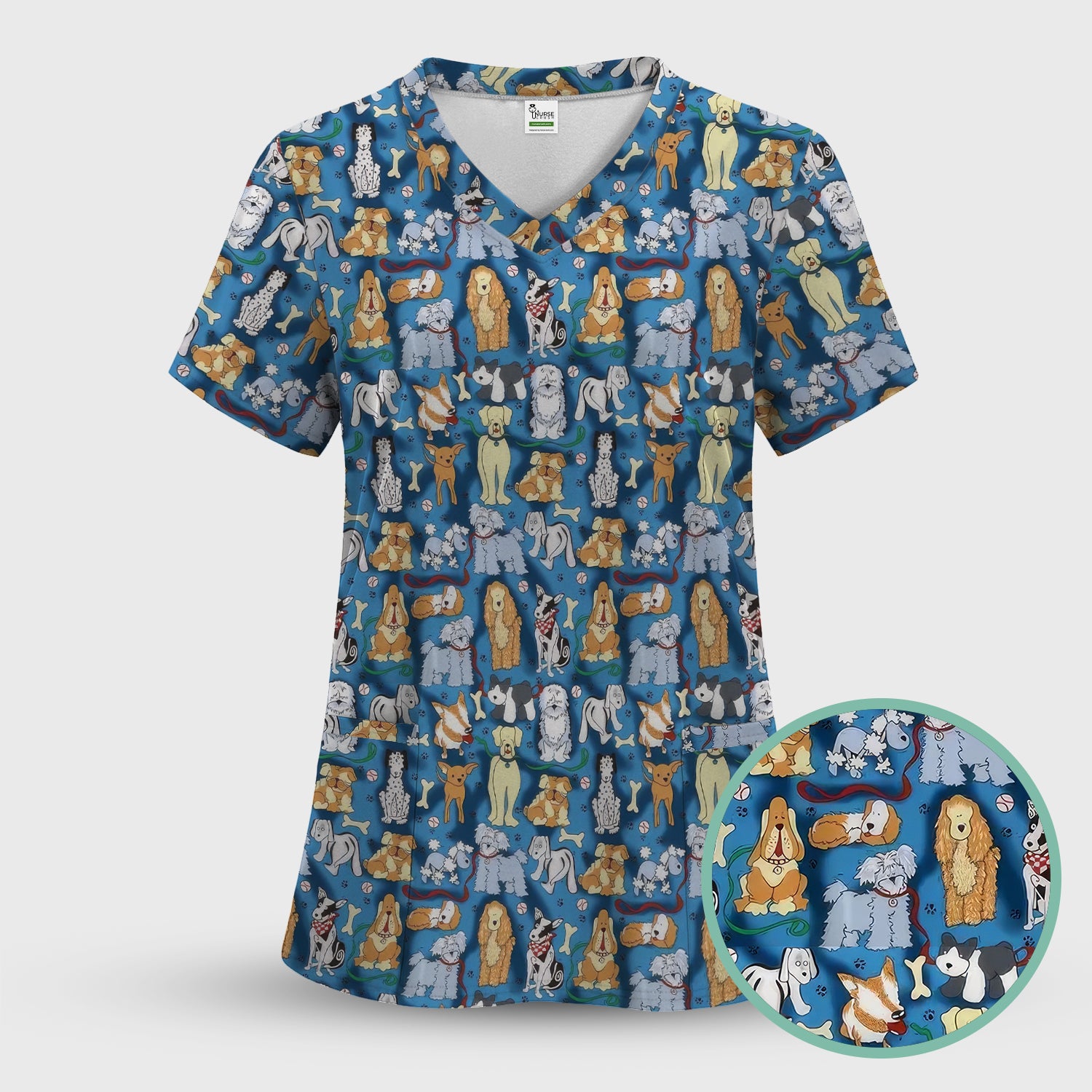 Funny Dog Lover Shirt - Cartoon Dog Breeds Pattern Design - Gift for RN LPN CNA Women Healthcare Staff