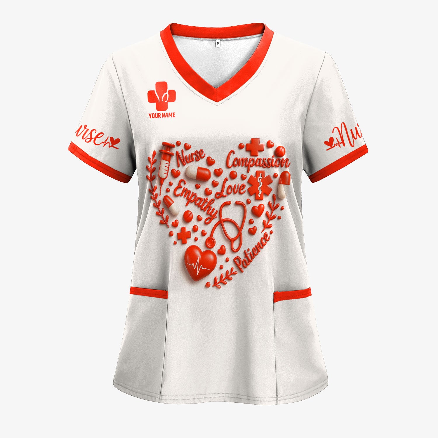 Heart Word Art Nurse Scrub Top - Compassion Empathy Love Design - Gift for RN CNA LPN Women in Healthcare