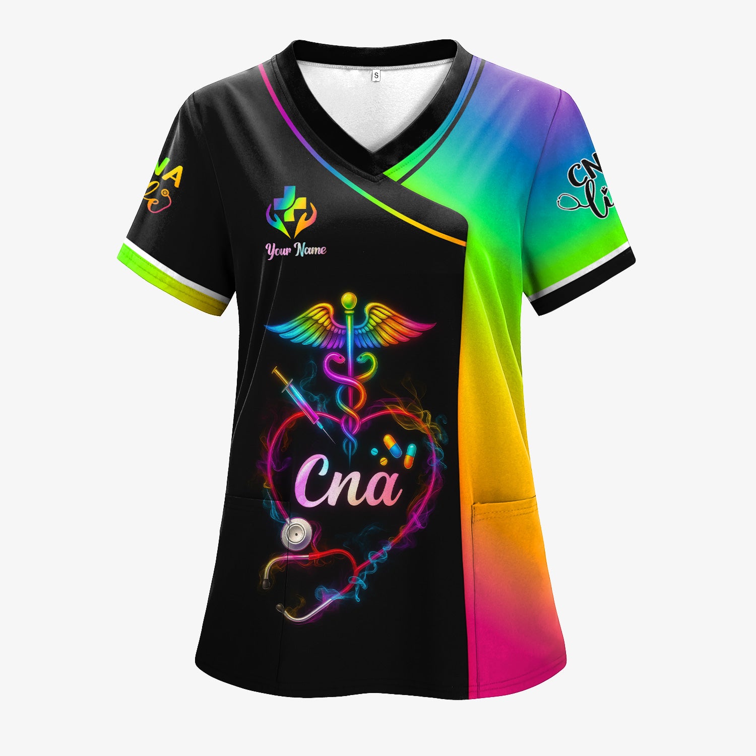 Personalized CNA Scrubs Shirt - Rainbow Medical Nurse Top for Healthcare Workers - Gift for RN LPN Healthcare Workers