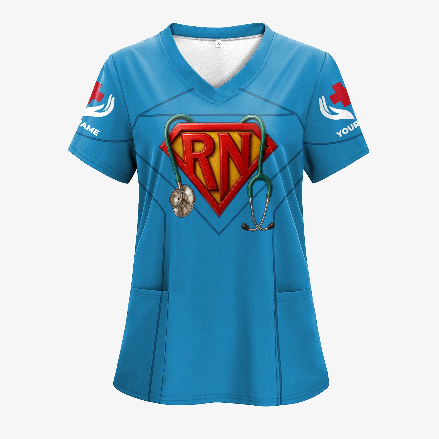 Personalized Funny RN Symbol Nurse Scrub for Women - Superhero Design with Stethoscope - Gift for RN LPN CNA Medical Staff
