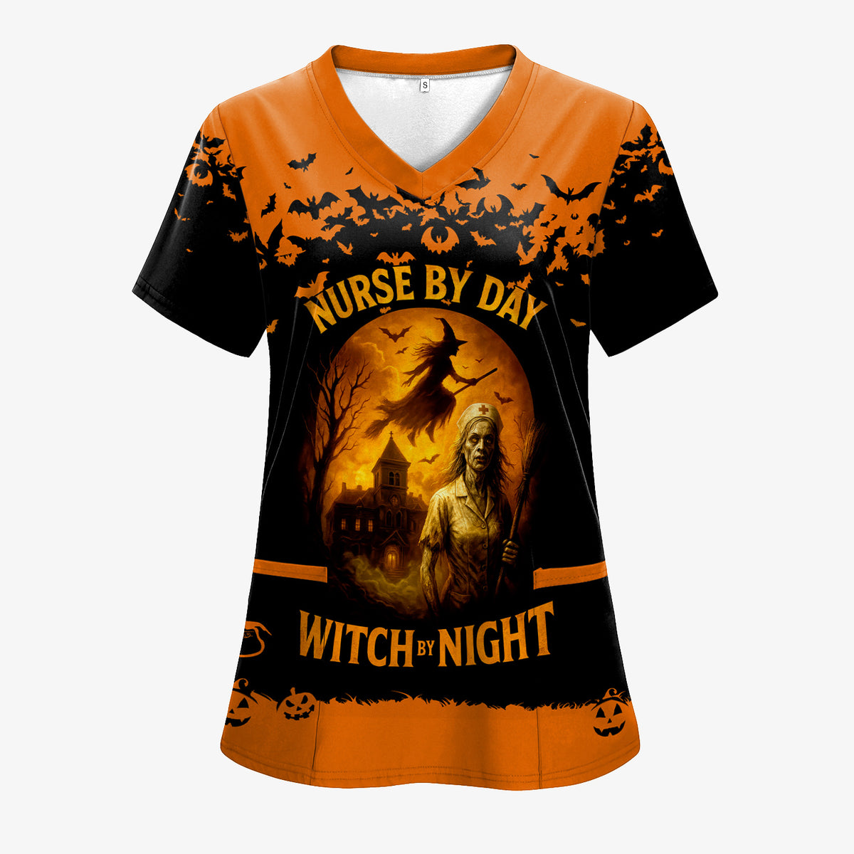 Personalized Halloween Nurse Uniform Top - Custom Name Spooky Witch Costume Inspired Scrub Shirt - Fun Gift for Medical Staff Healthcare Workers