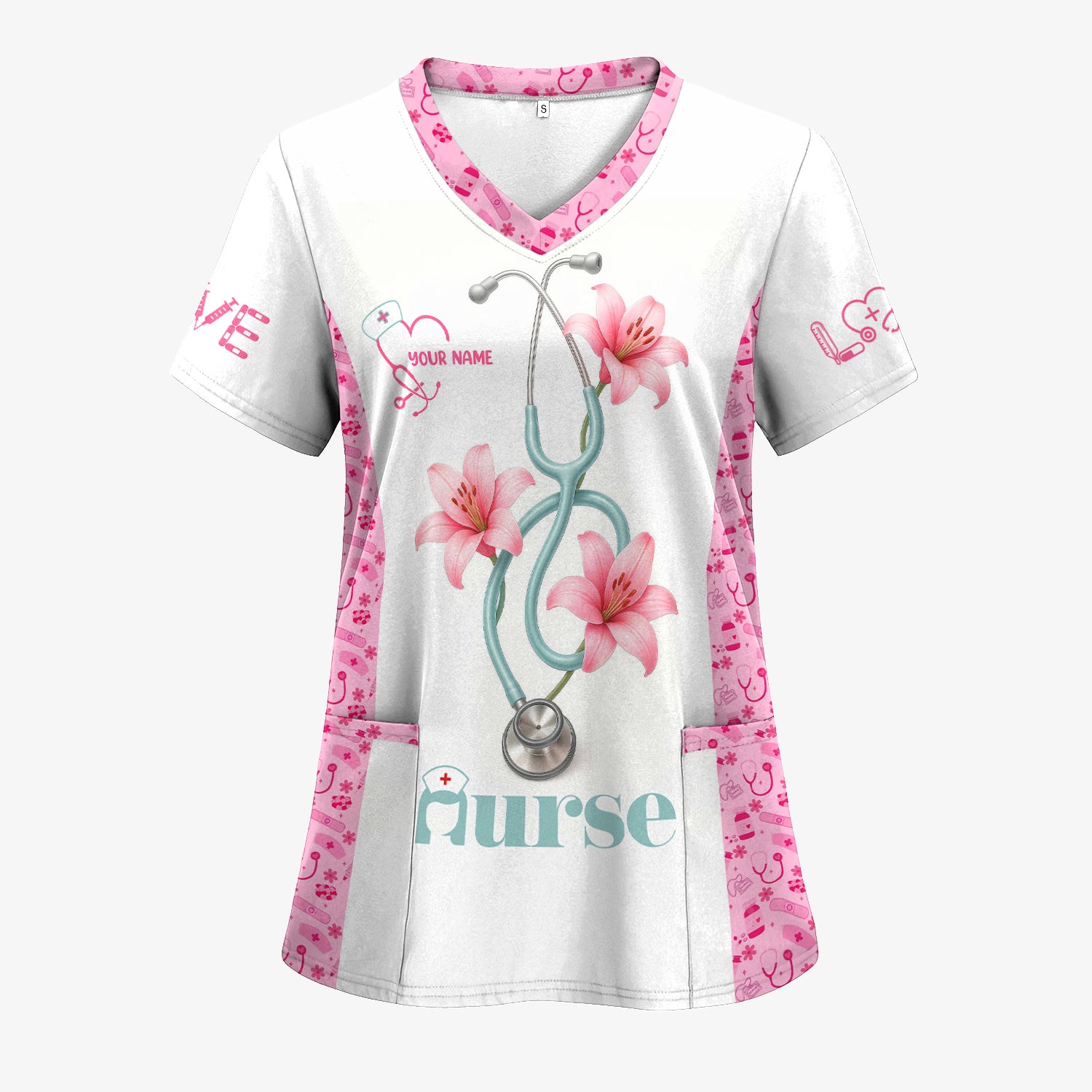 Personalized Nurse Scrubs - Pink Floral Stethoscope Design with Name Customization - Gift for RN, CNA, LPN