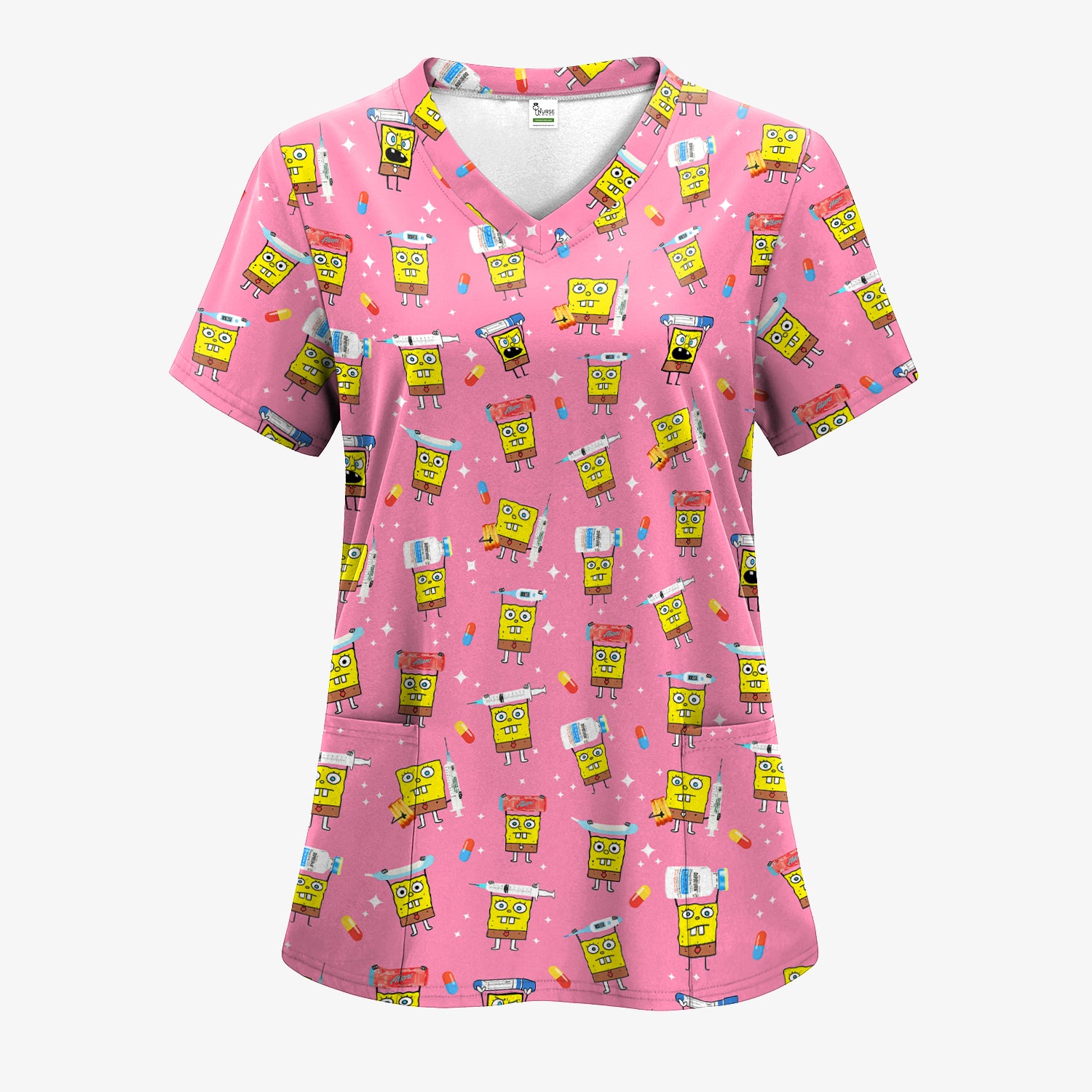 Cartoon Character Scrub Top - All-Over Print Doodle Medical Characters - Gift for RN LPN Healthcare Workers