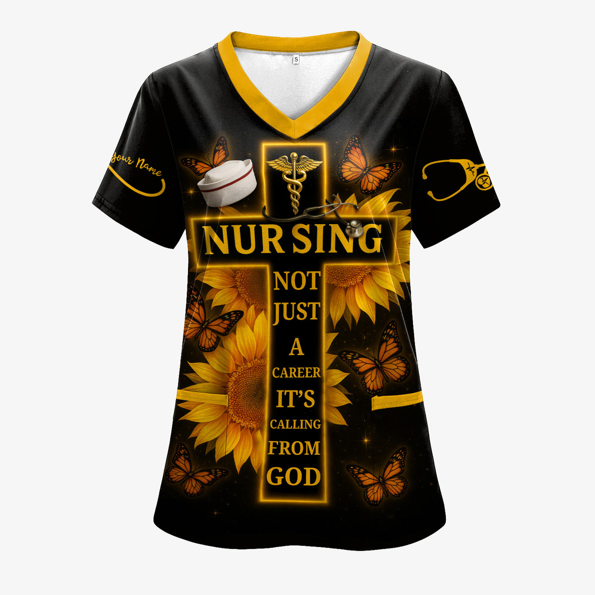 Personalized Nurse Faith Scrub Top - Religious RN CNA LPN Work Shirt - Custom Gift for Nurses Healthcare Workers with Sunflower Butterfly