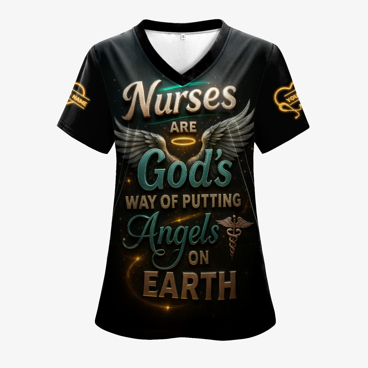 Custom Religious Nurse Scrub Shirt for Women - Angel Wings & Halo Graphic Uniform - Appreciation Gift for RN LPN CNA