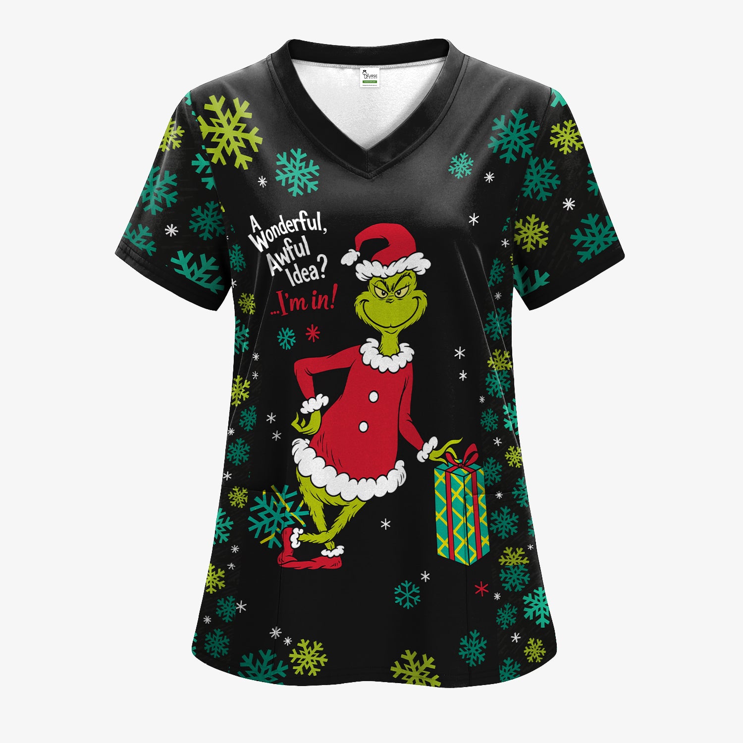 Funny Grinch Christmas Scrub Top - Holiday Medical Uniform for Women - Xmas Gift for RN LPN CNA
