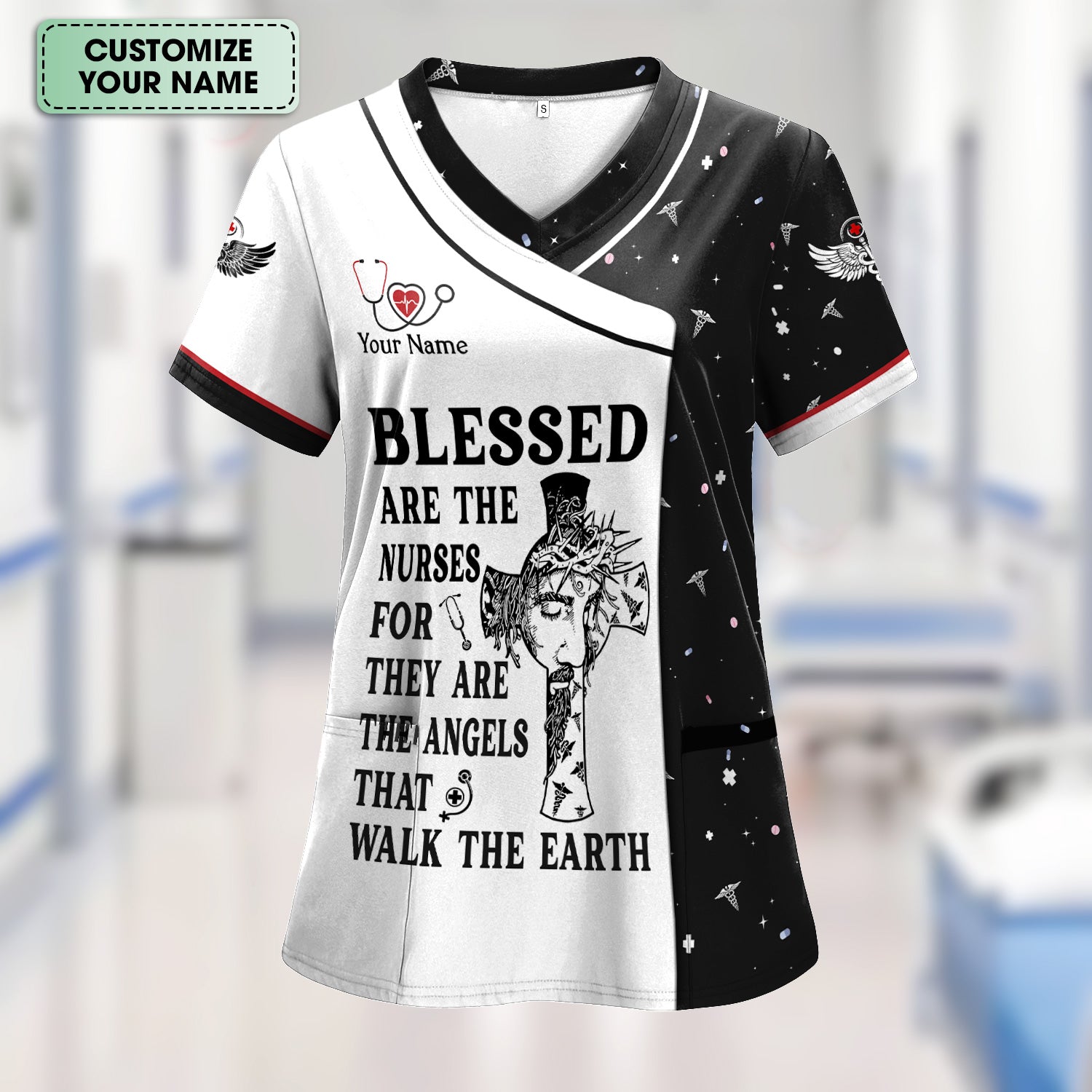 Personalized Christian Nurse Scrub Top - Jesus Cross & Angels That Walk The Earth Quote - Gift for Women RN LPN