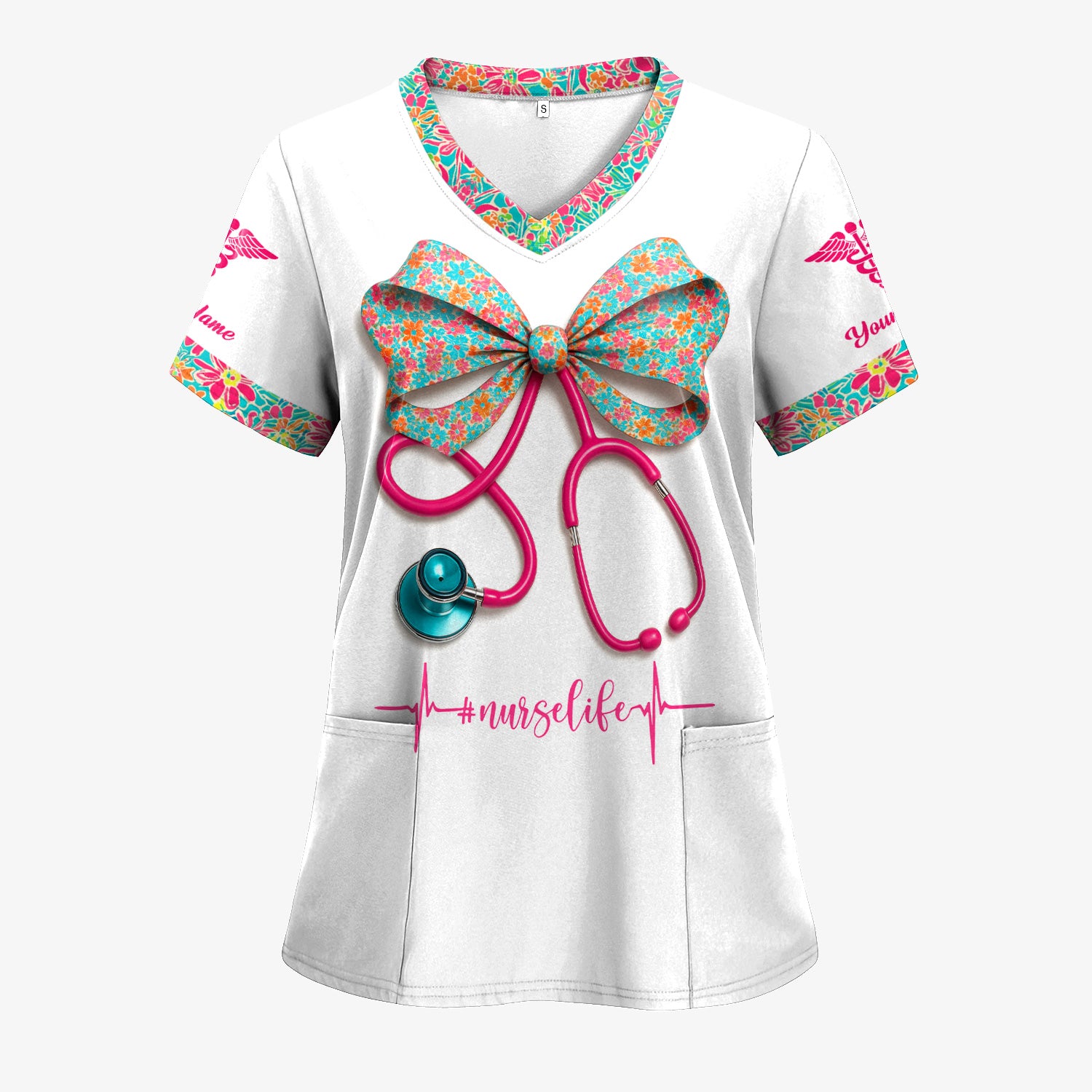 Custom Name Floral Bow Nurse Life Shirt - Cute Stethoscope Design with Heartbeat Graphic - Gift for RN LPN CNA Medical Staff