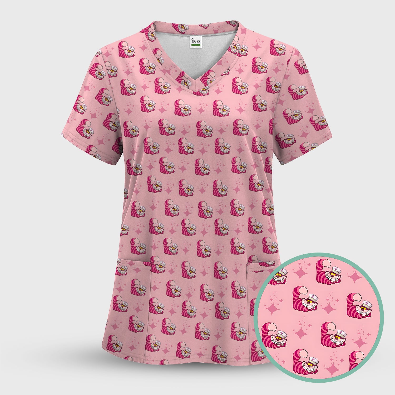 Cute Pink Mouse Print Nurse Scrubs - Funny Cartoon Animal Nursing Scrub Top For Women - Medical Uniform Gift For Healthcare Workers RN LPN CNA