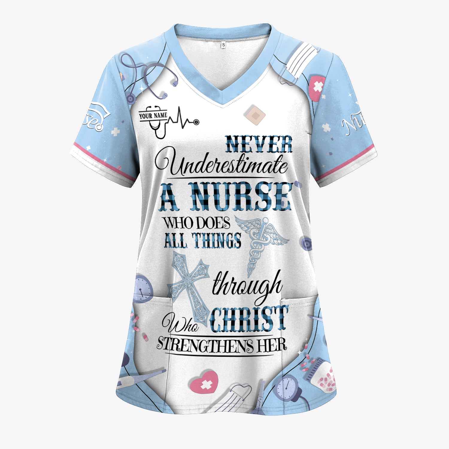 Personalized Nursing Faith Scrub for Women - Bible Verse All Things Through Christ - Religious Gift for Healthcare Professionals RN LPN CNA