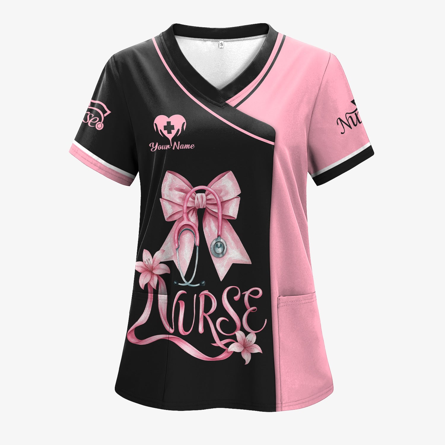 Personalized Pink Nurse Shirt with Name - Cute Bow & Stethoscope Graphic Design - Medical Gift for RN, LPN, CNA