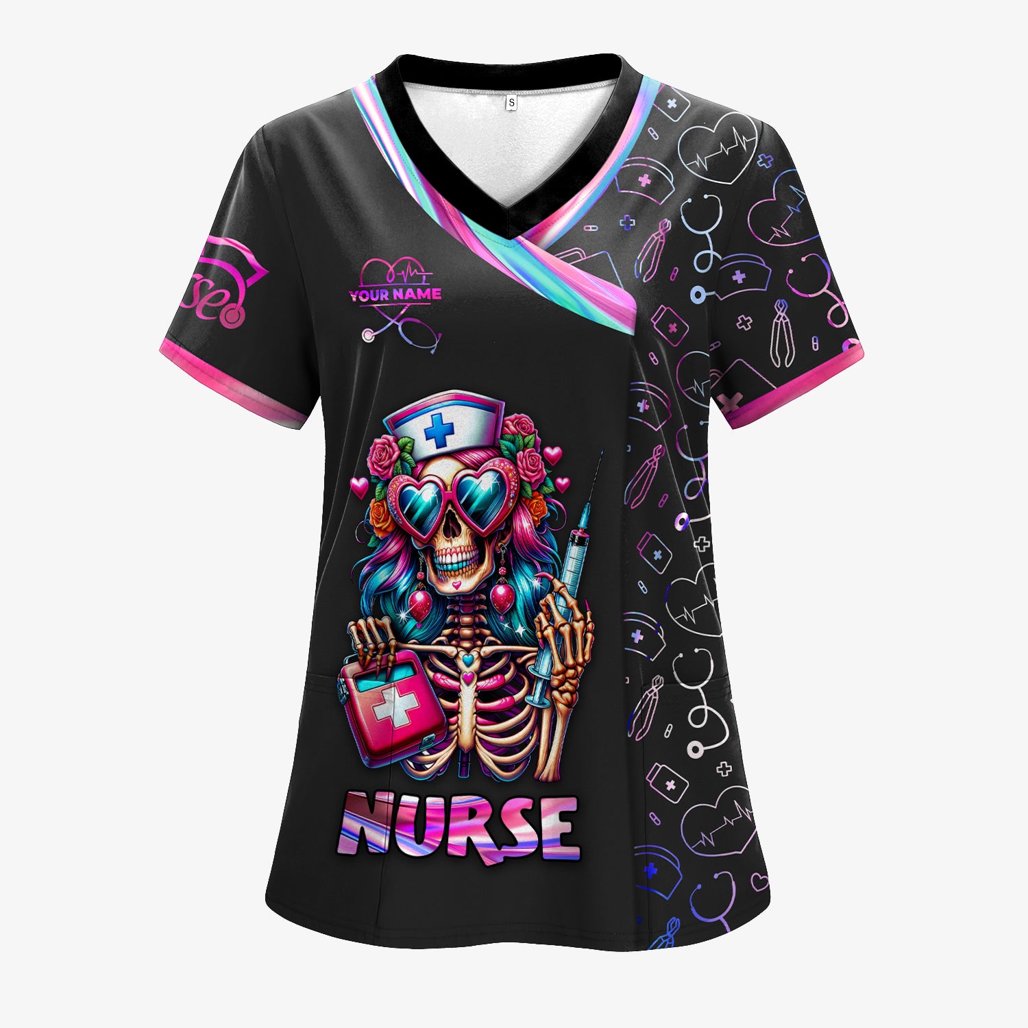 Personalized Funny Skeleton Nurse Scrub Top - Heart Sunglasses & Syringe Design - Custom Name Medical Gift for RN LPN CNA